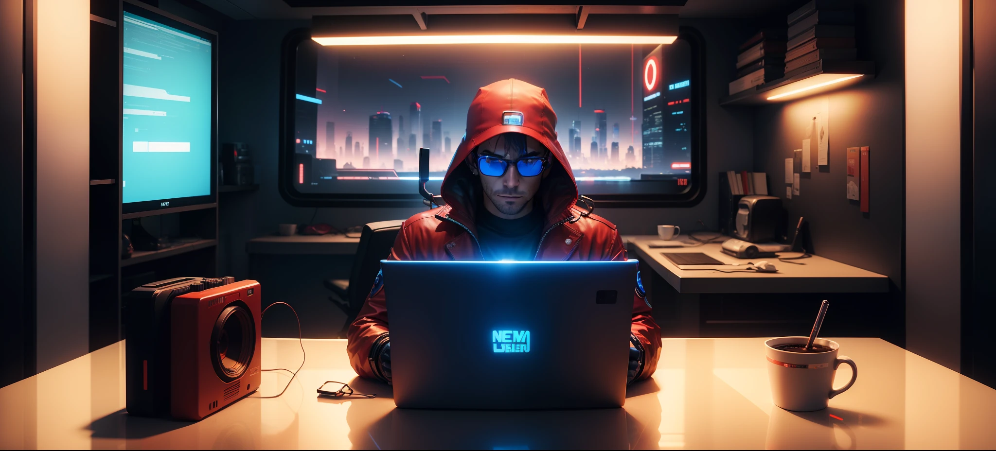 The man wearing red and blue glasses ,futuristic background, cyberpunk theme, blue neo light, coffee cup on the desk
