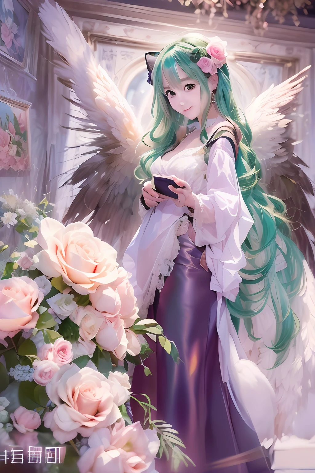 (Angel wings、😇、a smile、😌🥰Archaic Smile).hyper realstic、Ultra-realistic、Depiction of the human body without distortion、Monna Lisa、Woman in the Arms、Near and far law、Three-dimensional、Contemporary painting、moderno、world masterpiece、collection、Homage to the art or artist work of Picasso and Renoir, Not sentimental、Excellent portrayal、Gentle expression、More detailed character faces, Serious competition、Compositions like paintings、(Konmutsuki_Gacha_Series 1, punk_rosette), Realistic、Delicate brushwork、aqua color flowers, (Full body, elegant flowers background)