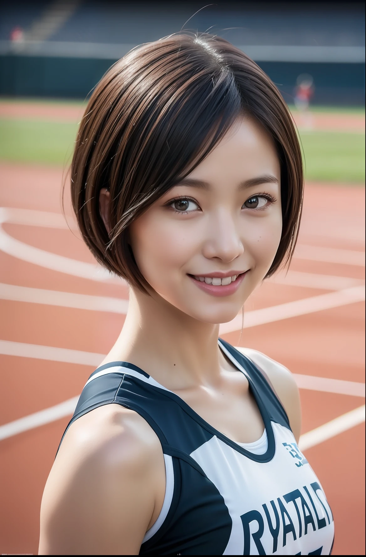 (((full bodyesbian)))、well-muscled、beauty legs、((Track & Field Athletes Women))、Women in Japan、((Short-cut hairstyles))、1 Beautiful Girl、(((1人)))、Competition uniforms、((stadium))、Transcendent cute、A slight smil、Beautiful breasts、full bodyesbian、athletic field、((Outstanding style))、((Healthy body))、 Photorealsitic、Beautiful detailed eyes、Hyper-Realism、highcontrast、Ultra HD、realistic skin textures、Top image quality、top-quality、超A high resolution、Fine details、Very meticulously