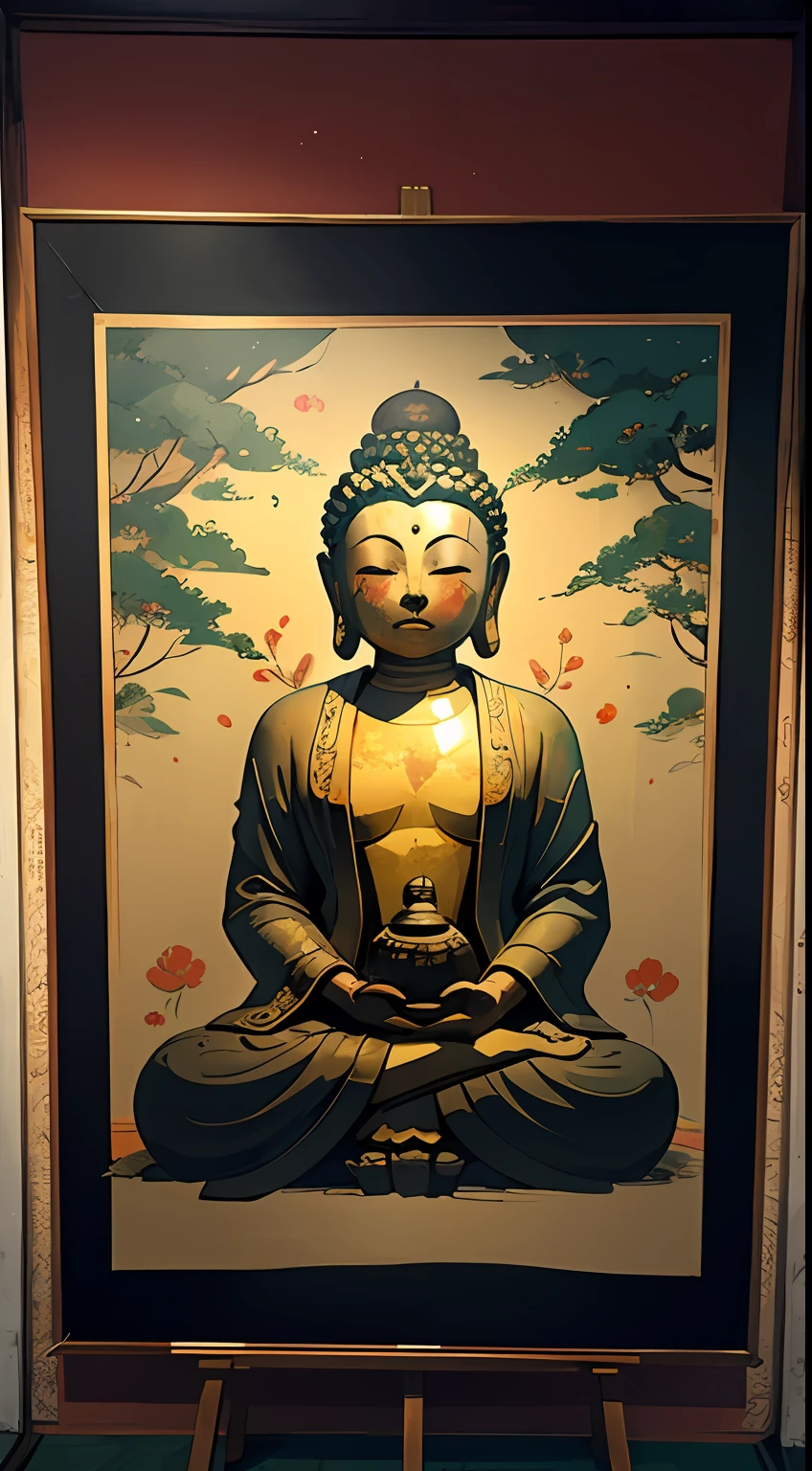 BUDDHA STATUE,had his hands folded,((Tears of pity)),Behind it is the temple building,the trees,Under the Bodhi tree,(vibrant with colors,Sin embargo, It is slightly corroded by the environment),(metalictexture),(8k wallpaper),(Ancient Chinese folk painter painting style),(Watercolor style painting),(Noticeable light and shadow effects),(Ray traching),(There is light particle tracing),(Fantasy mythological style),style of surrealism,(Extremely expressive drawing technique),(Masterpiece),(Photography Award),Creative inspiration:Dunhuang murals,RAY