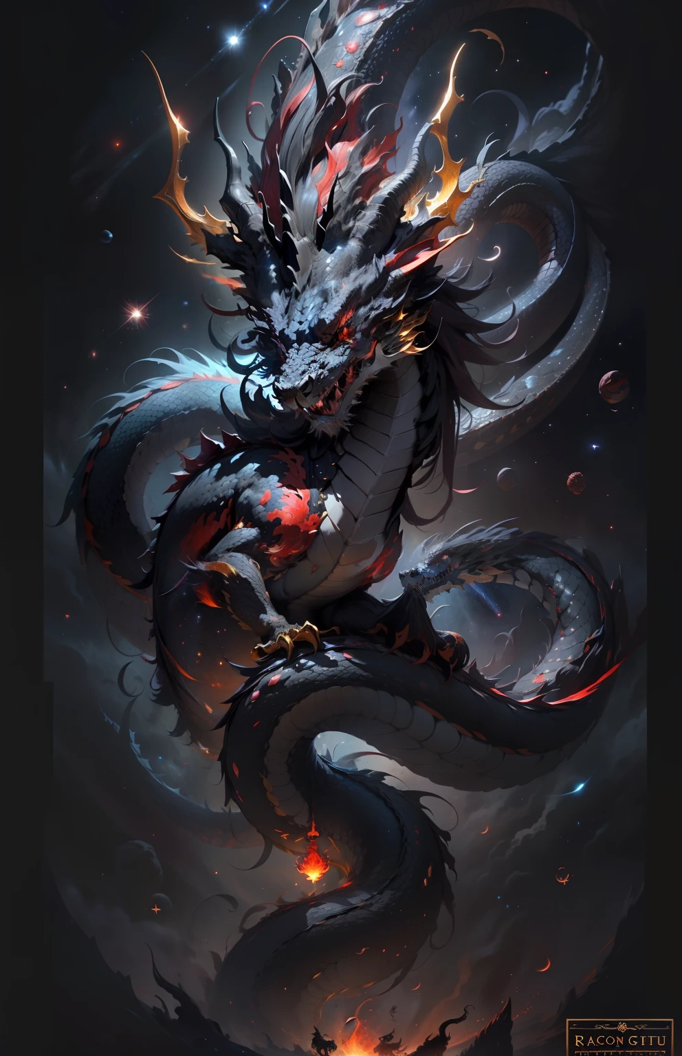 "a majestic cosmic golden eastern dragon with crimson red eyes, gracefully floating through the endless expanse of black space filled with stars, radiating a magnificent but OMINOUS aura". also eastern dragons have 4 dangerously sharp claws two in the front and two at the back