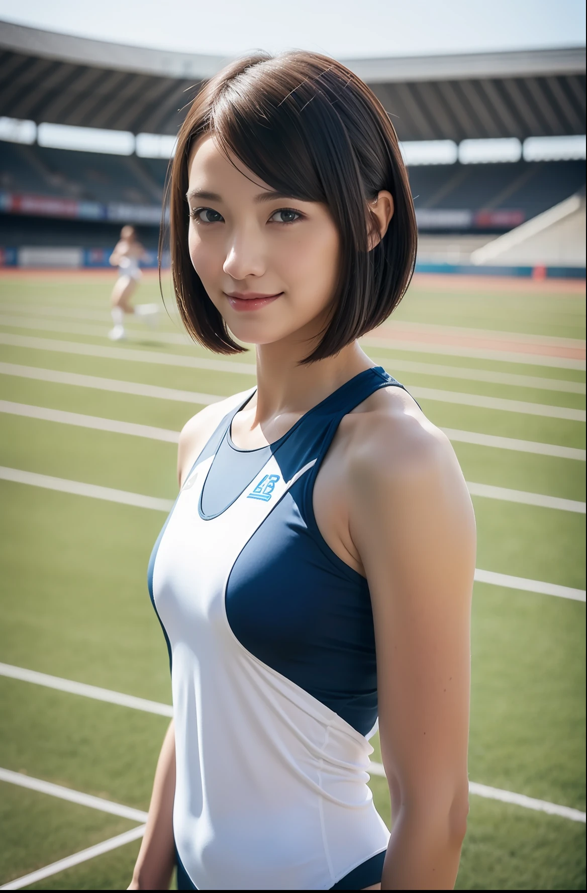 (((full bodyesbian)))、well-muscled、beauty legs、((Track & Field Athletes Women))、Women in Japan、((Short-cut hairstyles))、1 Beautiful Girl、(((1人)))、Competition uniforms、((stadium))、Transcendent cute、A slight smil、Beautiful breasts、full bodyesbian、athletic field、((Outstanding style))、((Healthy body))、 Photorealsitic、Beautiful detailed eyes、Hyper-Realism、highcontrast、Ultra HD、realistic skin textures、Top image quality、top-quality、超A high resolution、Fine details、Very meticulously