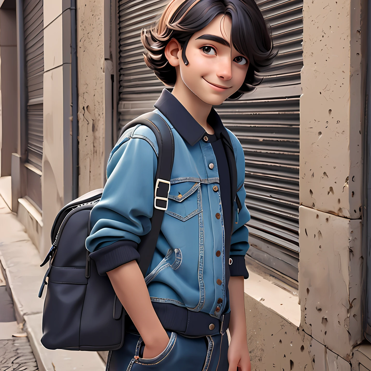 um menino jovem, Seu cabelo esta solto, cabelo preso , pavor, roupas leves, mochila, fone de ouvido, vermelho e preto, corpo inteiro, The background is filled with an urban tone, evoking a sense of lightness and happiness.