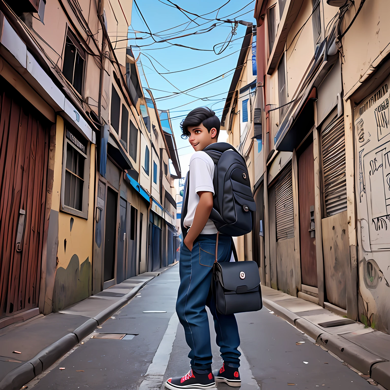 um jovem, Seu cabelo esta solto, cabelo preso , pavor, roupas leves, mochila, fone de ouvido, vermelho e preto, corpo inteiro, The background is filled with an urban tone, evoking a sense of lightness and happiness.