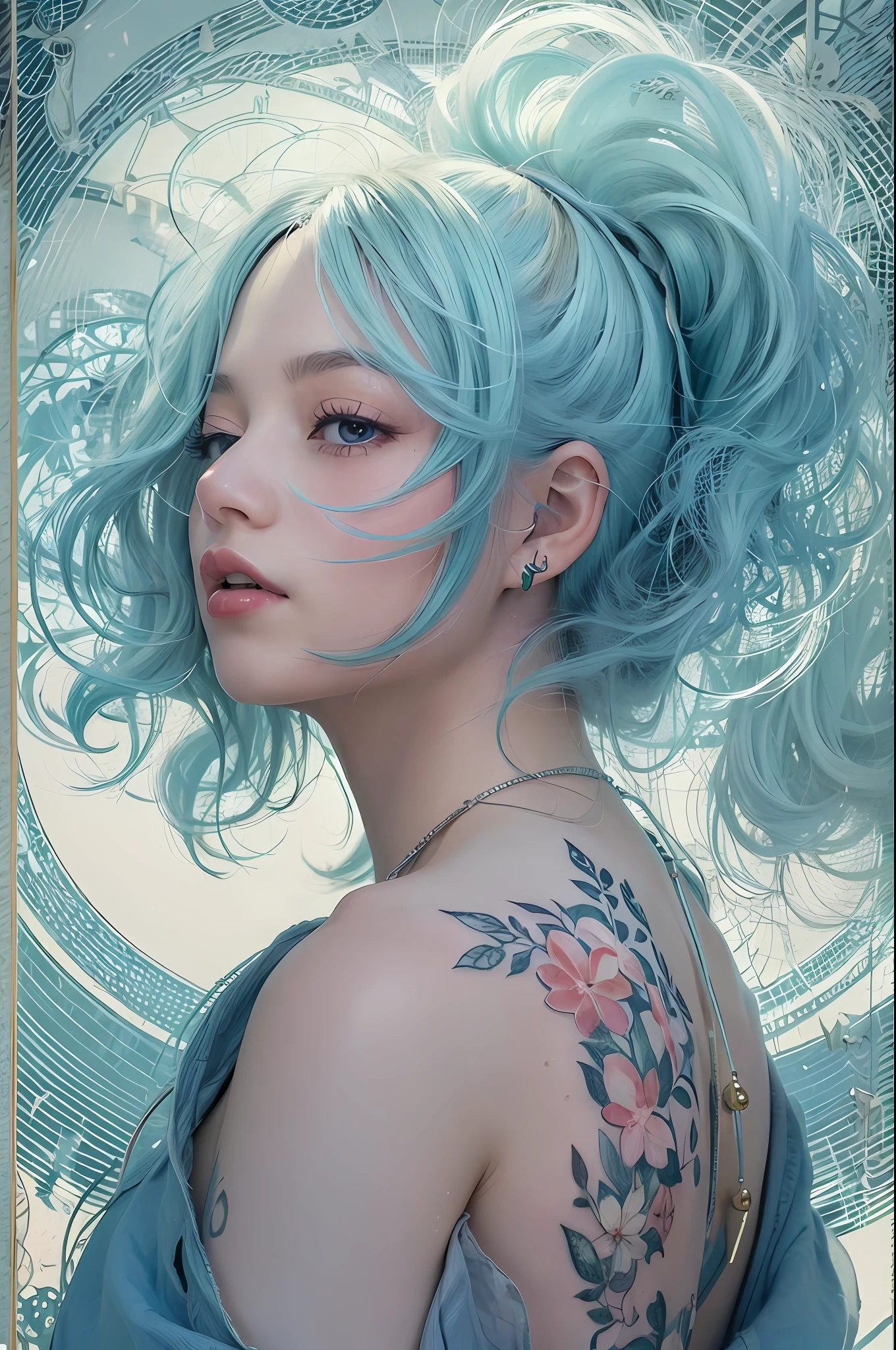 Ultra-high definition 2D art, close-up (1 woman), light blue hair, 2D animation style, soft and delicate depiction, attention also on her full-body tattoos (full-body art), landscape mode, masterpieces by Guweiz and James Jean, tattoo expert designs by CGSCOSITY, etc. A beautiful blue-haired girl who became a hot topic at the trend art station of Japan.
