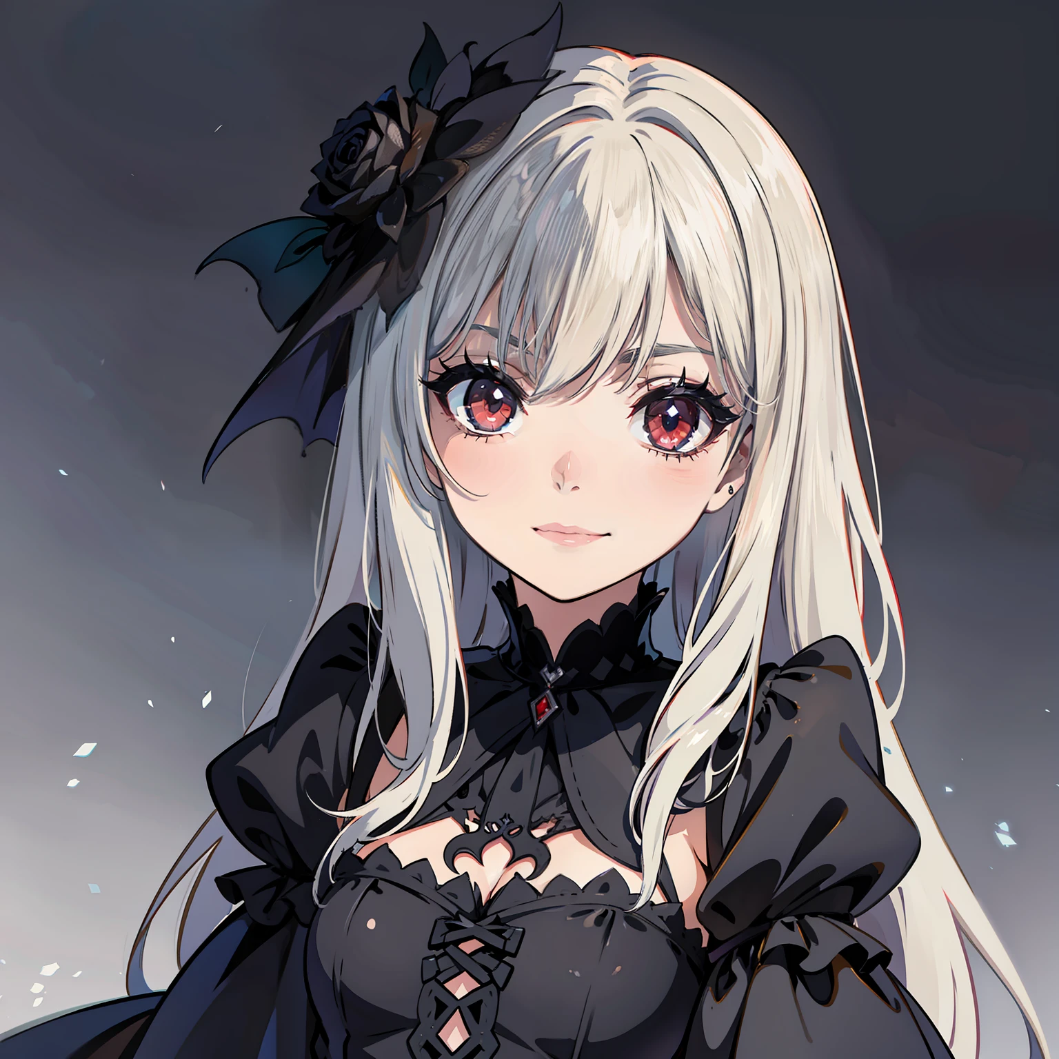 Dark beauty, paranormal, red contacts, black nails, soft smirk, gothic dress, creepy but charming, nu gothic, petite chest