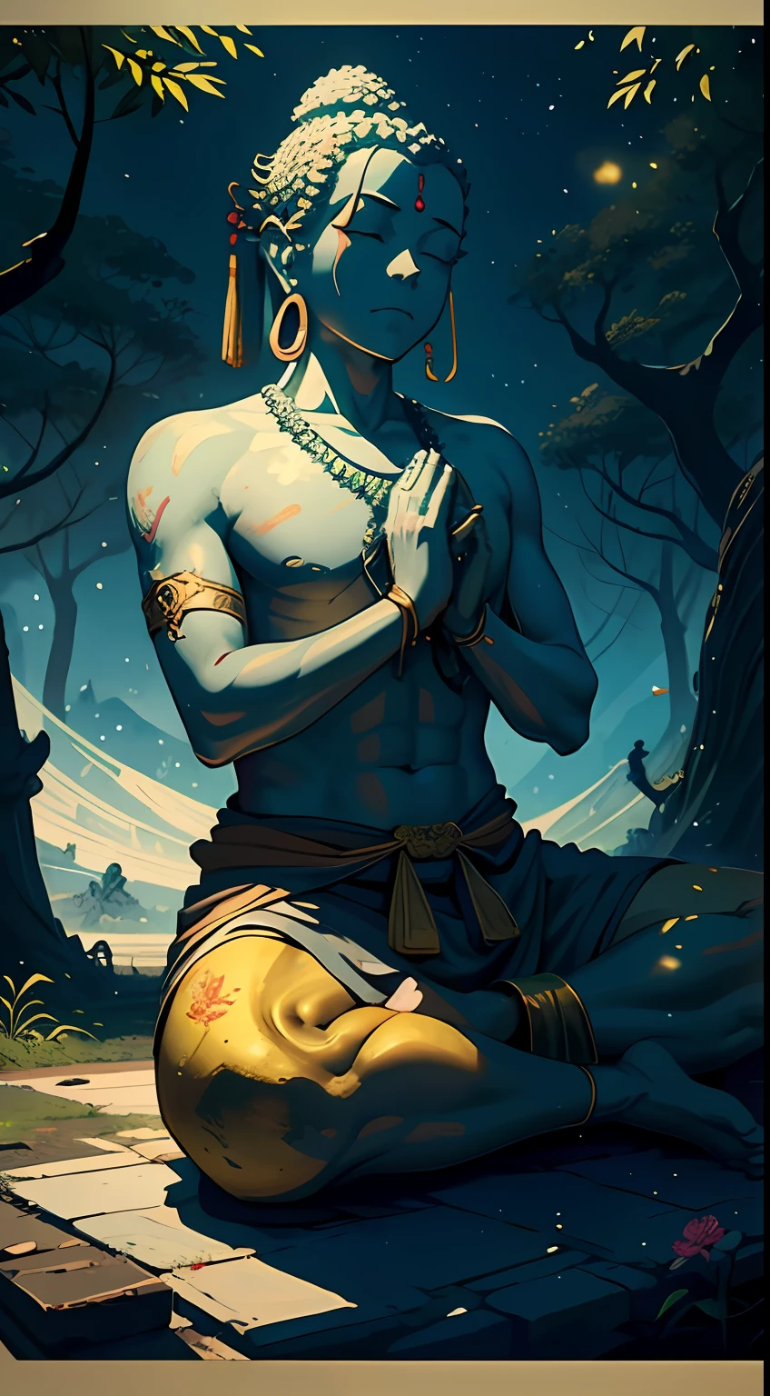 BUDDHA STATUE，had his hands folded，((Tears))，Behind the Buddha in the foreground is the temple building，the trees，Under the Bodhi tree，（vibrant with colors，Sin embargo, It is slightly corroded by the environment），（metalictexture），（8k wallpaper），（Ancient Chinese folk painter painting style），（Watercolor style painting），（Noticeable light and shadow effects），（Ray traching），(There is light particle tracing)，（Fantasy mythological style)，style of surrealism，（Extremely expressive drawing technique），（Masterpiece），（Photography Award），Creative inspiration：Dunhuang murals，Ray