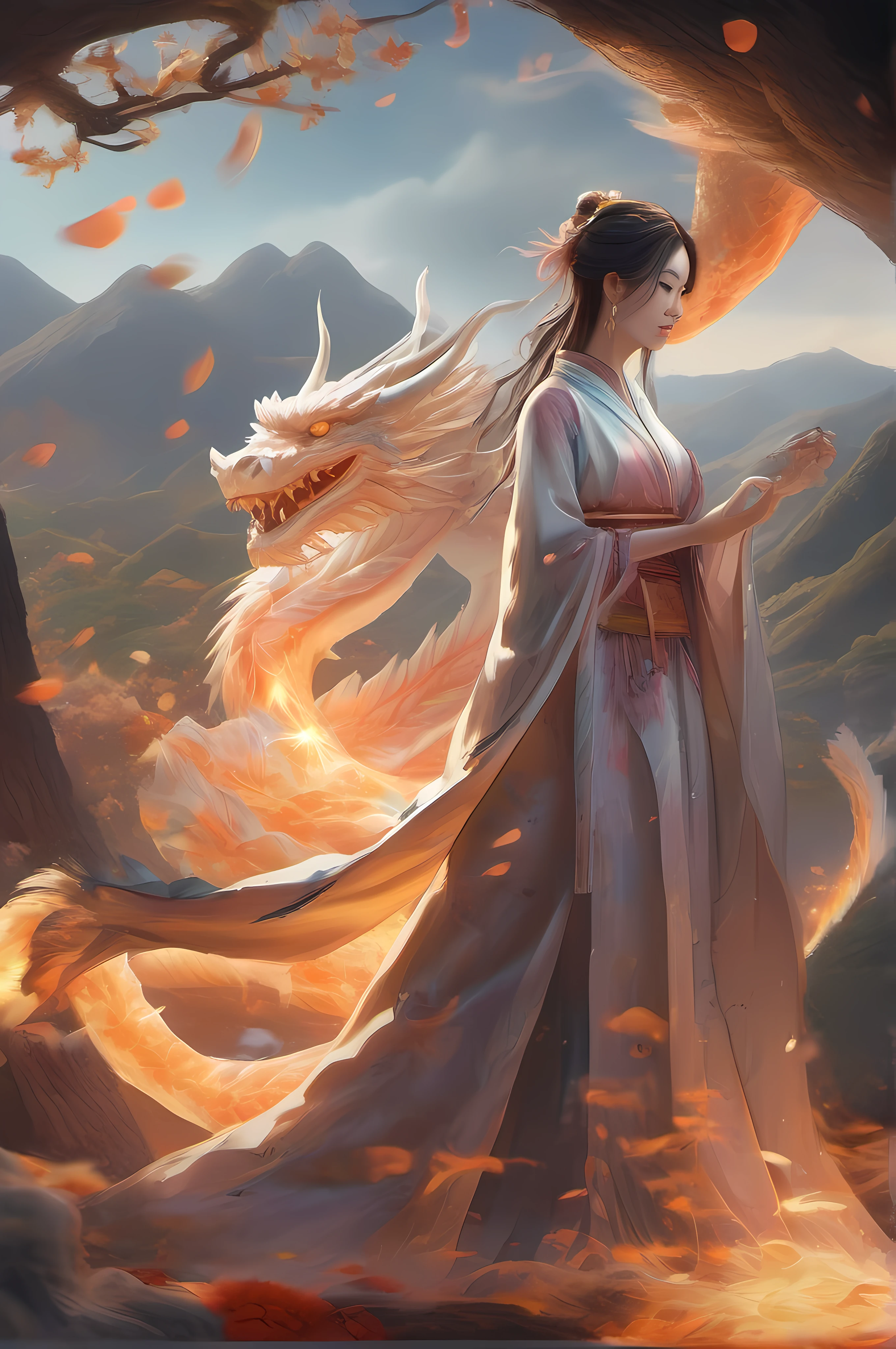 (Realistic, Photo Realistic: 1.3), Extremely Refined and Beautiful, Amazing, Fine Detail, (Best Illustration), (Best Shadow), Intricate, (Behind an Orange Chinese Dragon (Dragon: 1.4), Surrounded by Flames, Black Mountains, Trees, Magma, Wind, Long Wavy Body, Fangs, Fantasy, Mythology, High Quality, Highly Detailed, Epic, Particle Effects, Dynamic Effects, Surround), Clouds, Sunset, Sharp Focus, Volumetric Fog, 8k Ultra HD, DSLR, High Quality, (Film Grain: 1.4), Fujifilm XT3,Official Art, Unified 8K Wallpaper, Super Detailed, Beautiful and Beautiful, Best Quality, (Tangled, Entangled), (Fractal Art: 1.4), 1 Girl, Chinese, Gorgeous Hanfu Short Skirt, Calf, Navel, Very Detailed, Dynamic Angle, Denim Shot, (Most Beautiful Chaotic Shape), Flow, (Bright Colors), OC, (Half: 1.2), China, (Tape: 1.3), (Dream: 1.5), (Hanfu: 1.5), (Smile: 0.5), (Chinese God 1.3), Complex, Ultra Detailed, (Skin Dents), Female, Detailed Body, (Detailed Face: 1.1), (Contoured Iris), (Watercolor Lenses), (Perfect Eyes), Gorgeous, (Masterpiece: 1.2), (Best Quality: 1.2), Wide Buttocks, Thick Thighs, (Big Tits: 1.2) and (Big Breasts: 1.2), Detailed Background, Cinematic Light, Best Shadows, Cute Detail Face, Dramatic Light, Intricate Details, Long Flowing Hair, Ethereal Light, Wide Angle, Solo, full body, colorful, flame, charming, enchanting,, thin waist, gorgeous goddess, Buddha-figure, absurd long hair, pale gold eyes, looking at the audience, delicate patterns, precious stones, gold, diamonds, fine feathers, volumetric light, holiness, backlight, opposite, girl with antler decoration on her head, girl with orange hair
