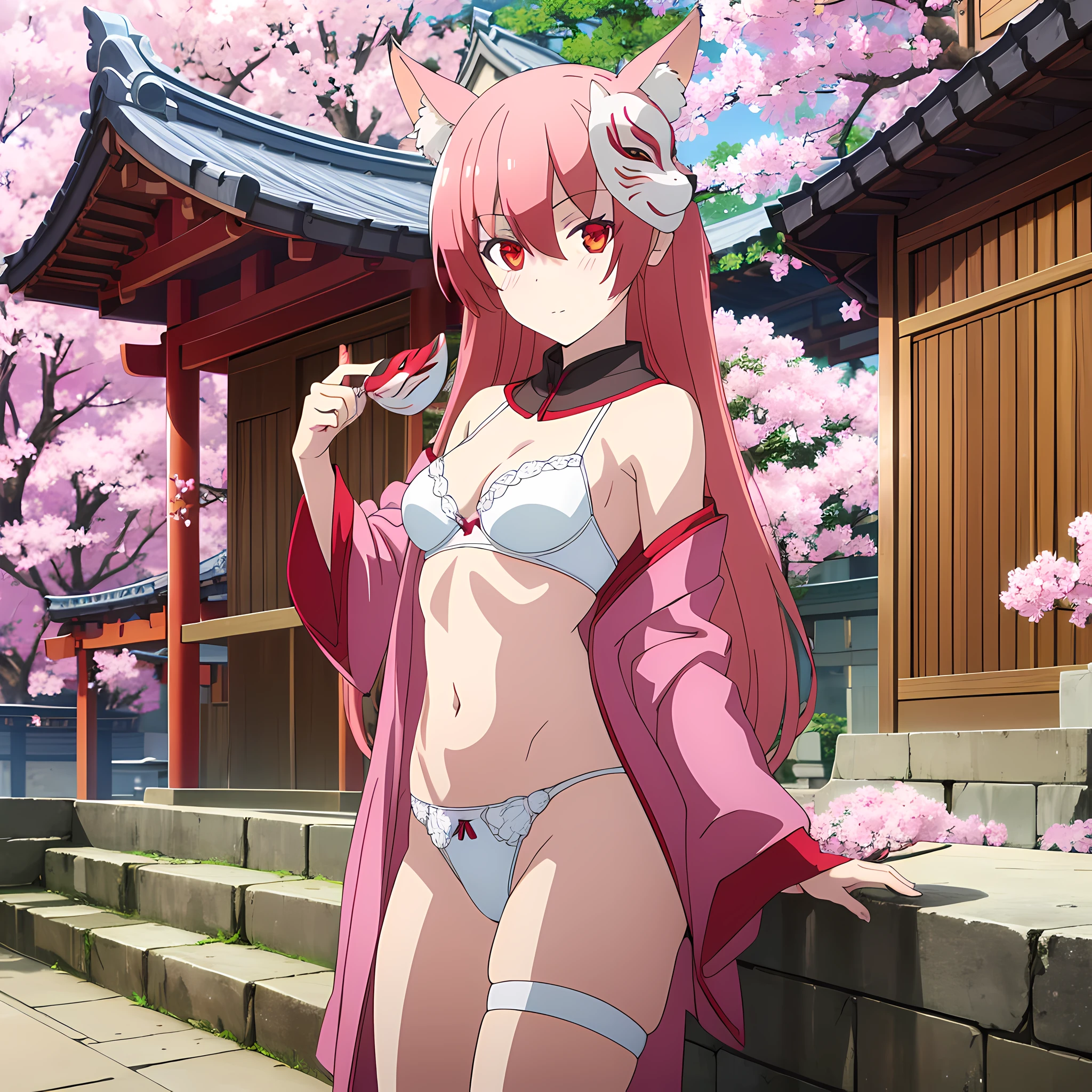 tsukasa, 1girl, solo, (masterpiece:1.2), (best quality:1.15), extremely detailed, perfect lighting, japanese temple background, cherry blossoms, fox mask, wearing fox mask on face, small breasts, white panties, white bra