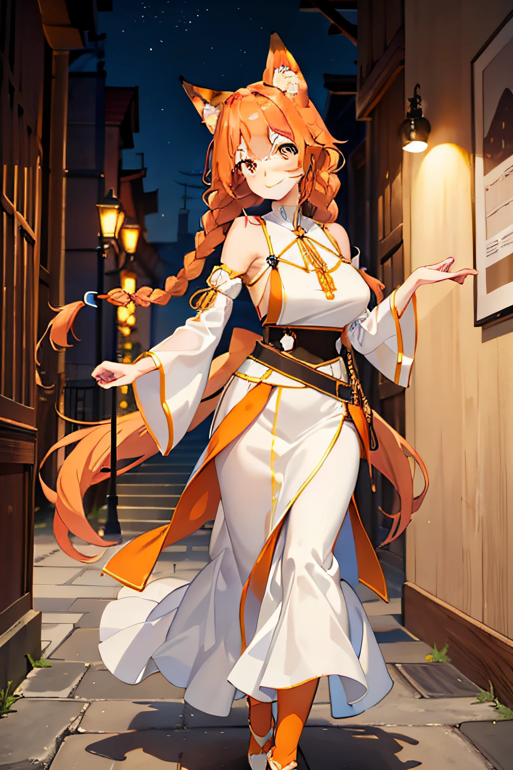 fox ear, fox tails, Light orange hair, maam, Wife-like feeling, Twisted braids that reach the shoulders, ssmile, Anterior convex and posterior, Entrance background, Housewear, looks into camera