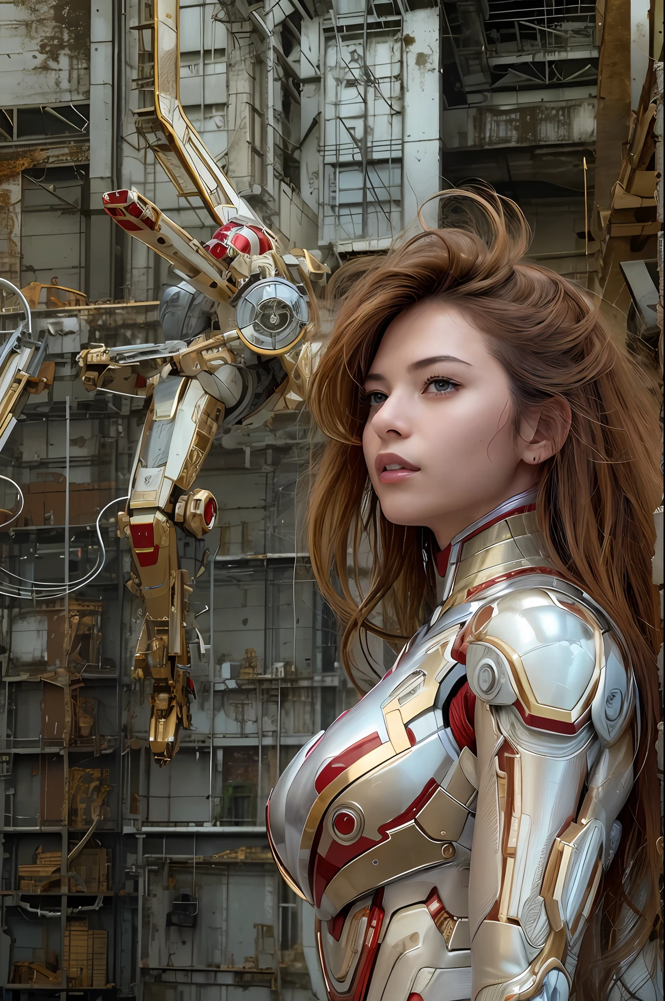 RAW, Masterpiece, Ultra Fine Photo,, Best Quality, Ultra High Resolution, Photorealistic, Sunlight, Full Body Portrait, Stunningly Beautiful,, Dynamic Poses, Delicate Face, Vibrant Eyes, (Side View) , she is wearing a futuristic Iron Man mech, red and gold color scheme, highly detailed abandoned warehouse background, detailed face, detailed and complex busy background, messy, gorgeous, milky white, high detailed skin, realistic skin details, visible pores , sharp focus, volumetric fog, 8k uhd, dslr camera, high quality, film grain, fair skin, photorealism, lomography, sprawling metropolis in futuristic dystopia, view from below, translucent