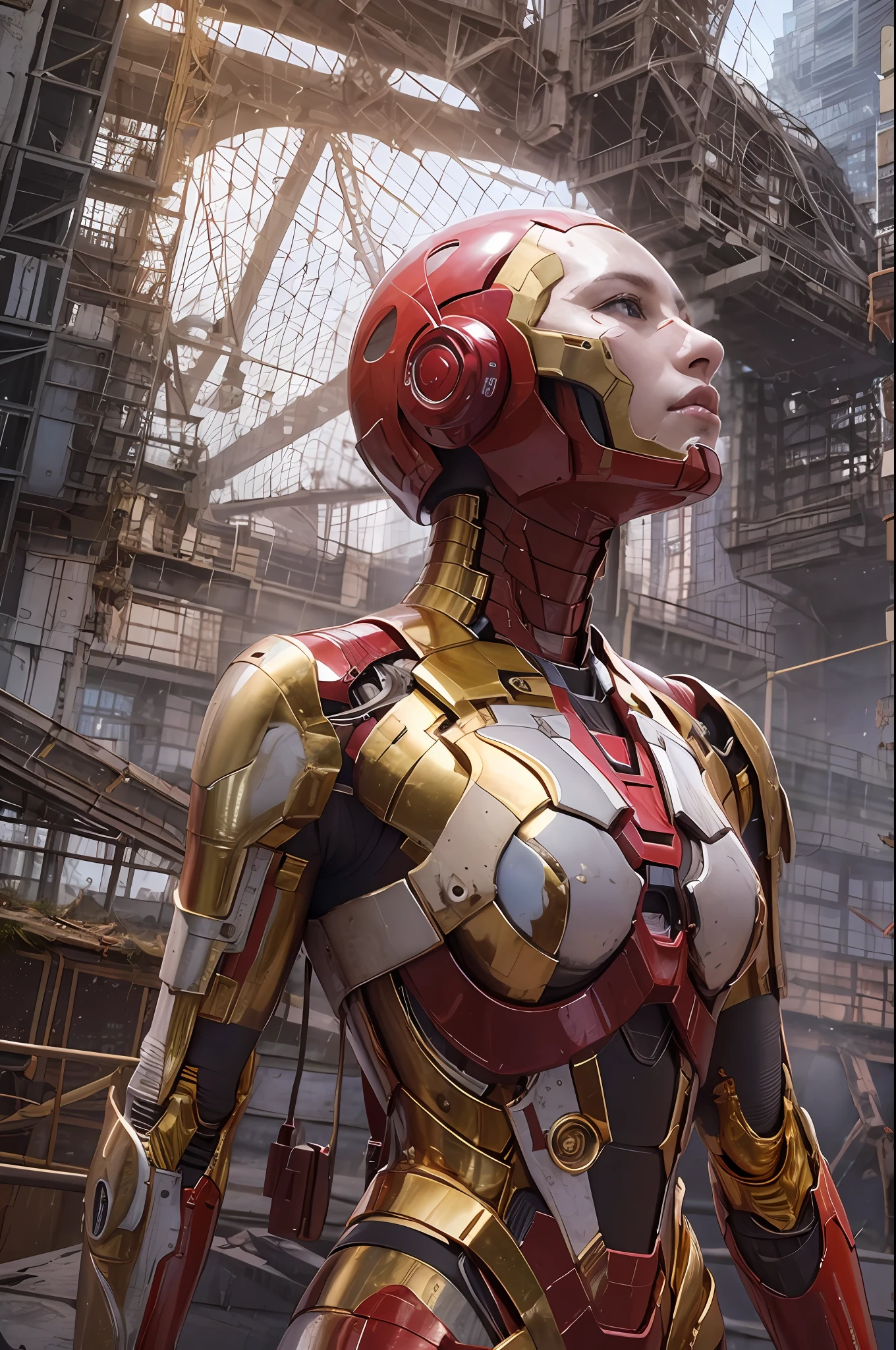 RAW, Masterpiece, Ultra Fine Photo,, Best Quality, Ultra High Resolution, Photorealistic, Sunlight, Full Body Portrait, Stunningly Beautiful,, Dynamic Poses, Delicate Face, Vibrant Eyes, (Side View) , she is wearing a futuristic Iron Man mech, red and gold color scheme, highly detailed abandoned warehouse background, detailed face, detailed and complex busy background, messy, gorgeous, milky white, high detailed skin, realistic skin details, visible pores , sharp focus, volumetric fog, 8k uhd, dslr camera, high quality, film grain, fair skin, photorealism, lomography, sprawling metropolis in futuristic dystopia, view from below, translucent