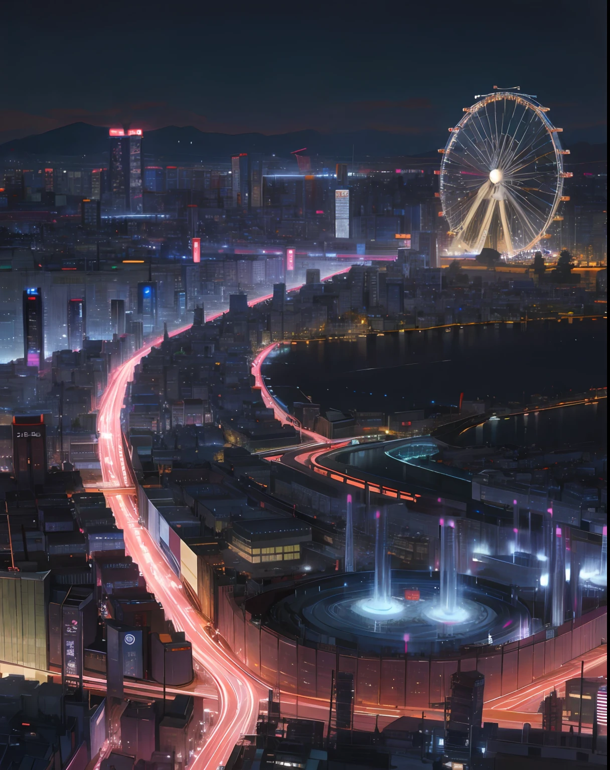 arafed view of a city at night with a ferris wheel in the foreground, beautiful city of the future, japanese city at night, japan at night, beautiful city, japanese city, hyper detailed photo, photo taken in 2 0 2 0, tokyo futuristic and clean, tokyo japan, tokyo at night, in tokyo at night, tokyo city in the background