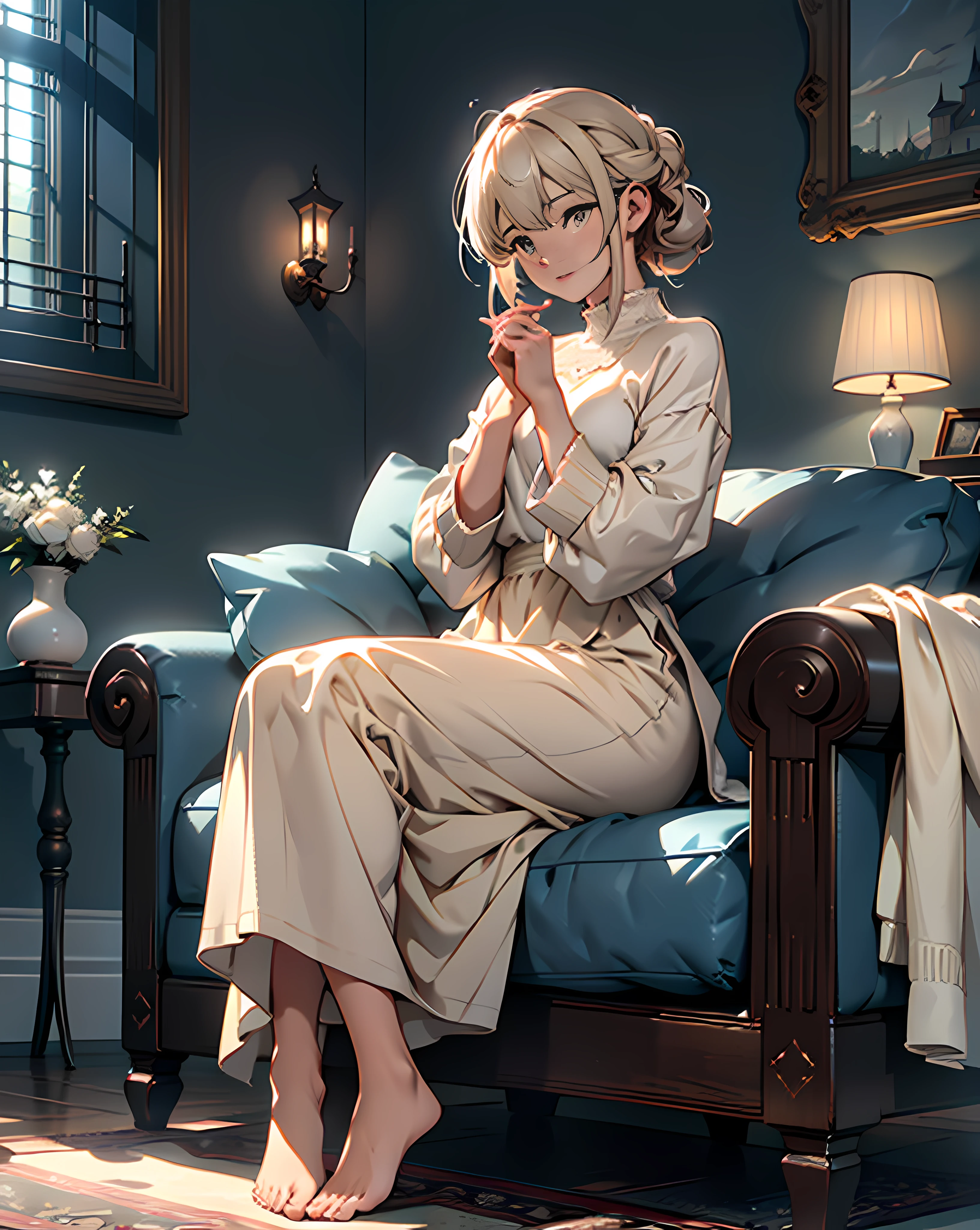 absurderes、hight resolution、ultra-detailliert)、(the Extremely Detailed CG Unity 8K Wallpapers、Beautifully Aesthetic:1.2)、(1girl in:1.3)、Lady、独奏、The upper part of the body、rcasual、It features a simple、Natural Fabric、Sit up、knit、white shirt、Brownish、If you have a photo、Hold in hand、Plain clothe、a room、sit on sofa、Mystical lighting、Ethereal Atmosphere、dressed casually, Sweaters, tortoise、closed clothes、natural soft light、darker shadows、Living Loo、Long skirt with white lace、pulling the hands up、Feet waiting to start