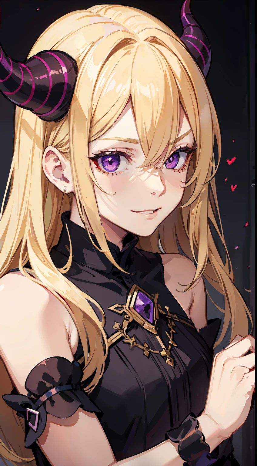 young boy, very long blonde hair, horns demon, violet eyes, Demon slaves, open shoulders, smirk, Masterpiece, hiquality