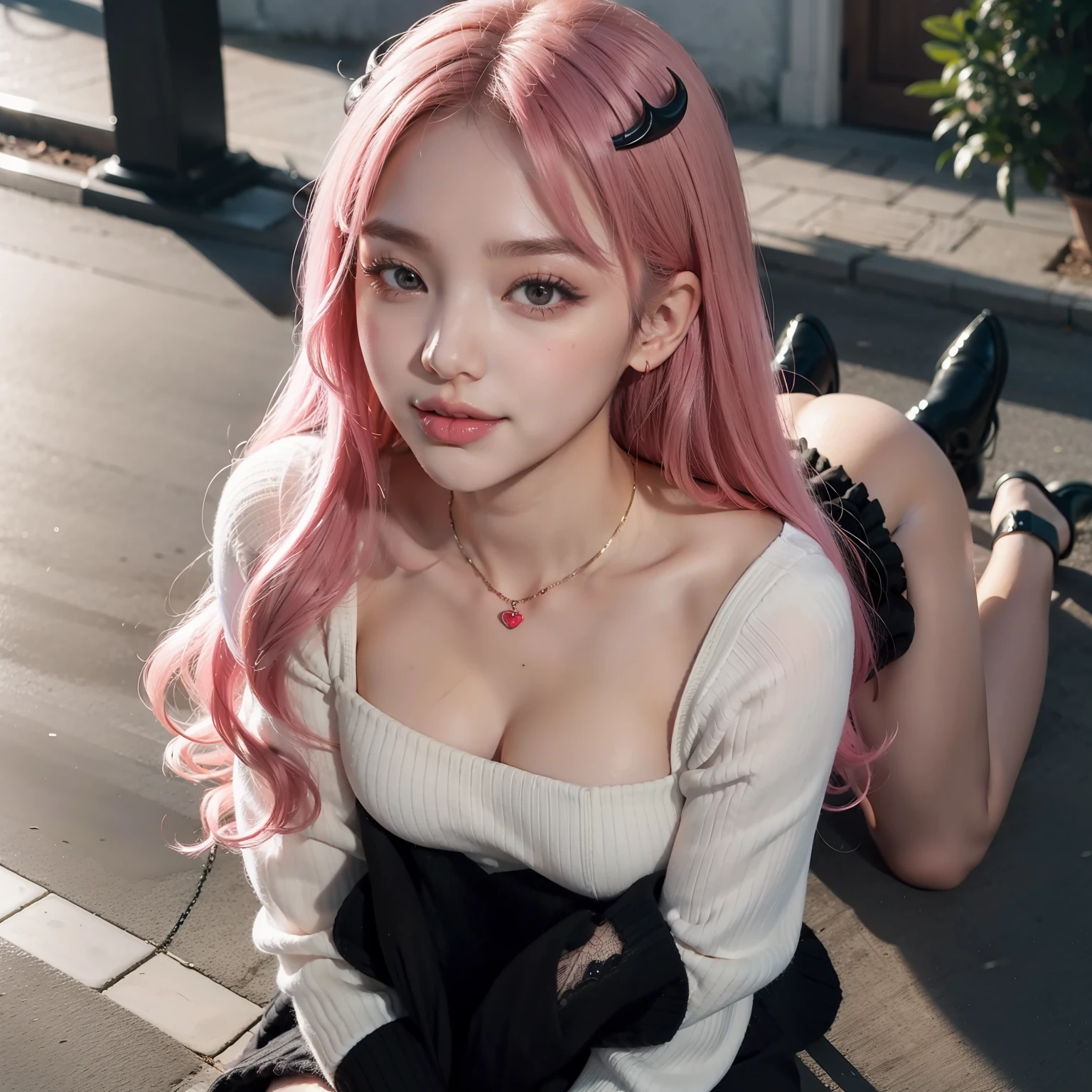 Black stockings,, succubus, pink hair, red eyeshadow, heart-shaped eyes, one eye closed, seductive smile, excitement, holding hands, best quality, masterpiece, outdoor, sweater dress, korean woman, full body photo, fan face, double eyelids, smart peach blossom eyes, pink lips, small upturned nose, ultra hd, super detail, slightly fat, cute little face, biting lips