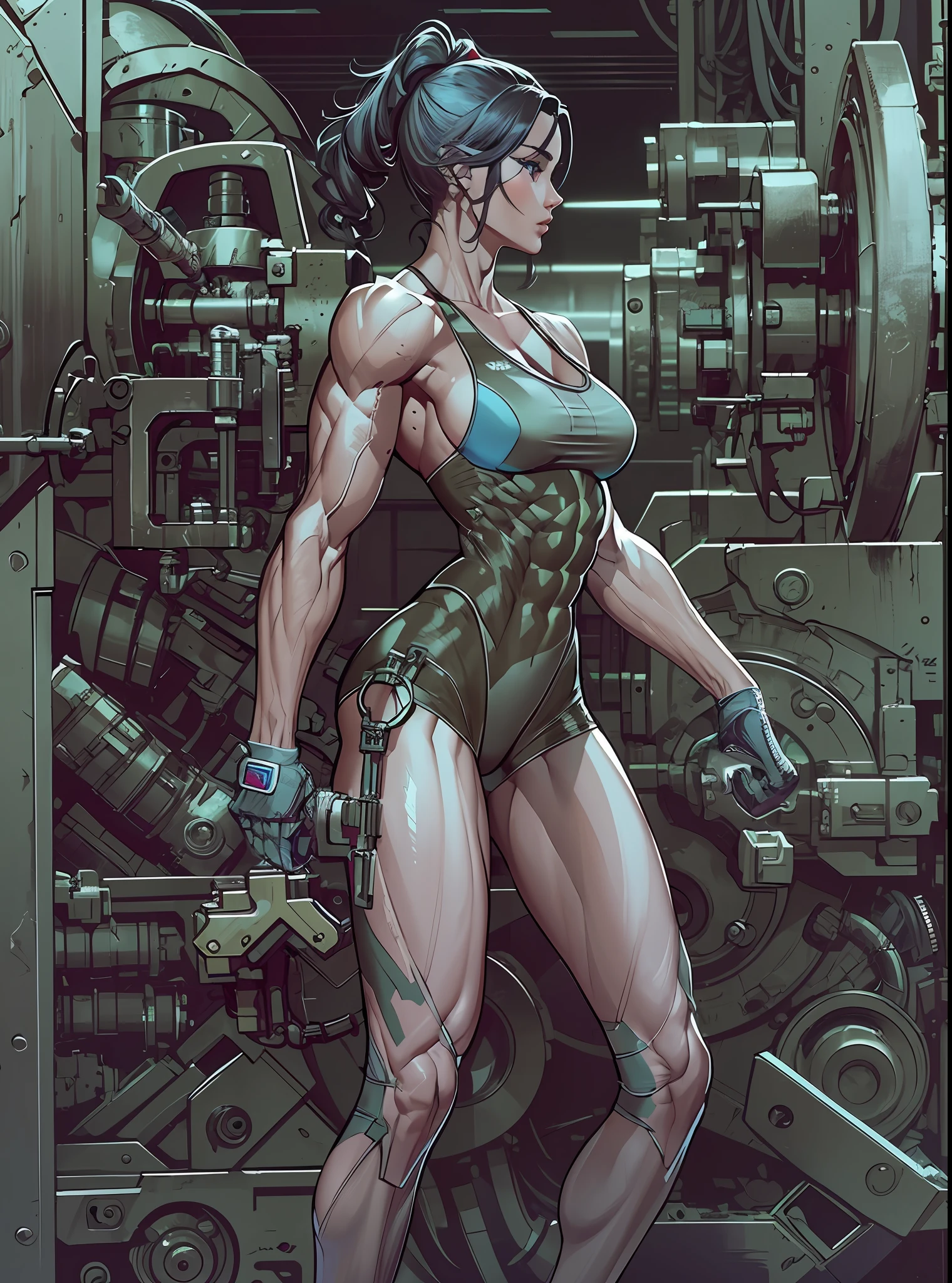 1girl, Russian, working at the machine tool, ((muscular body)), detailed, ((detailed body)), (dynamic pose)