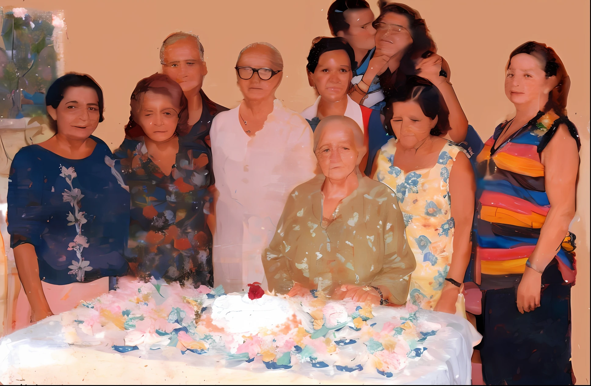 melhor qualidade, obra-prima,There are many people standing around a cake with flowers in it, happy birthday, foto 1960, Magda Torres Gurza, imagem no centro, Rosemary Ressendi, muitos anos se foram, foto 1998, Jose Miguel Romano Francisca, Pilar Gogar, foto aprimorada, Juan Sanchez Cotan, Valentina Embaralhamento, bolo, a partir da esquerda, especial