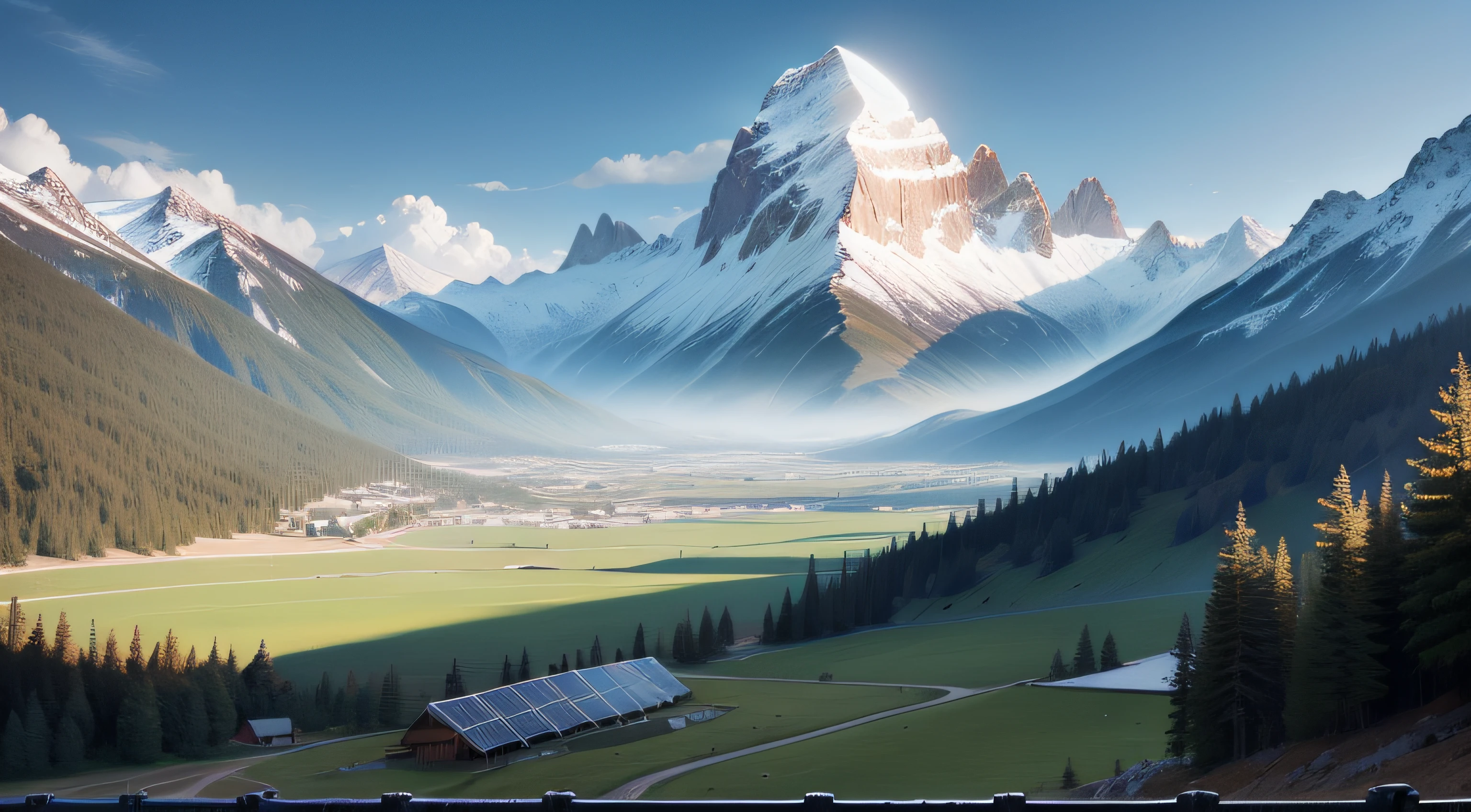 Solar cell panel in country mountain landscape.