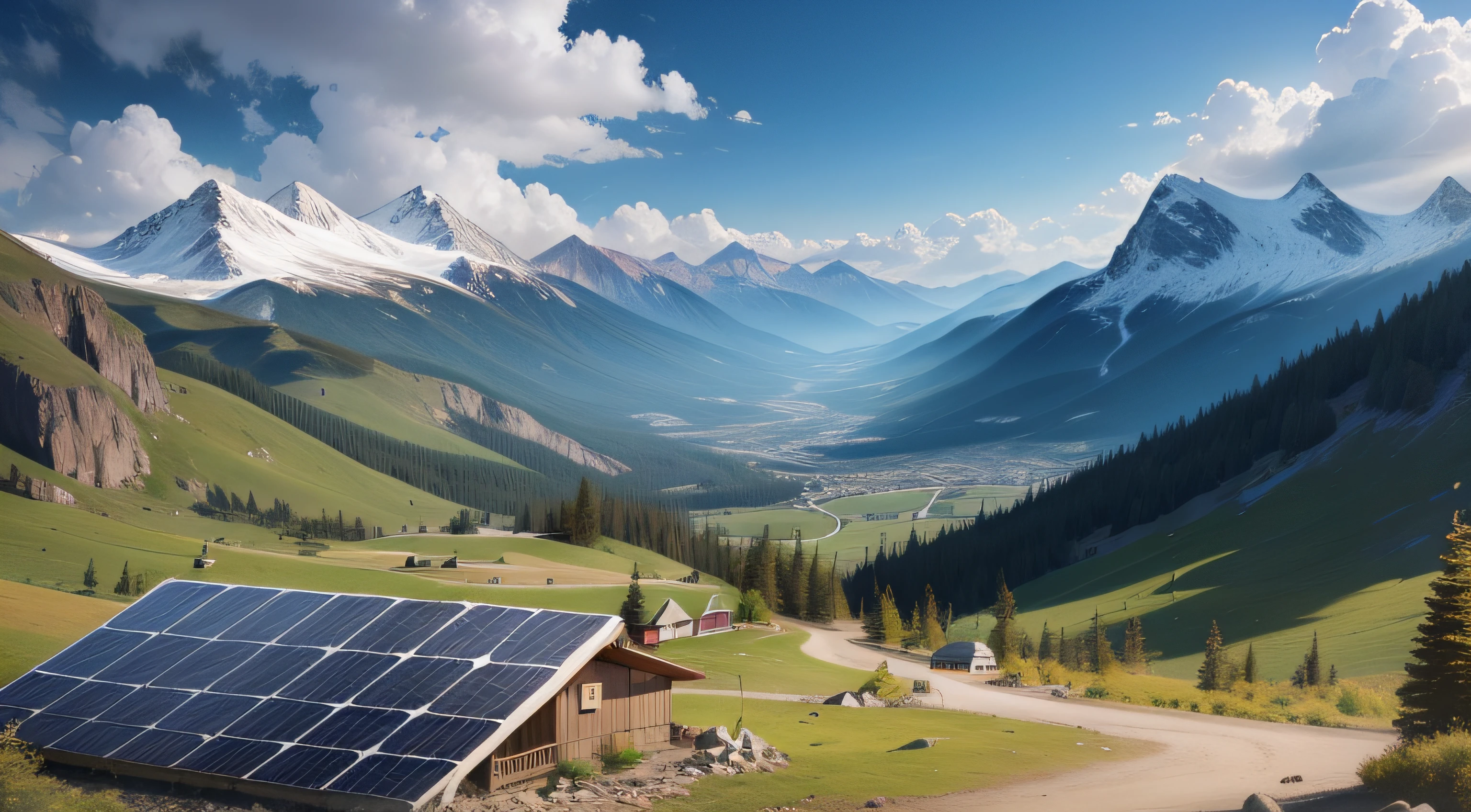 Solar cell panel in country mountain landscape.