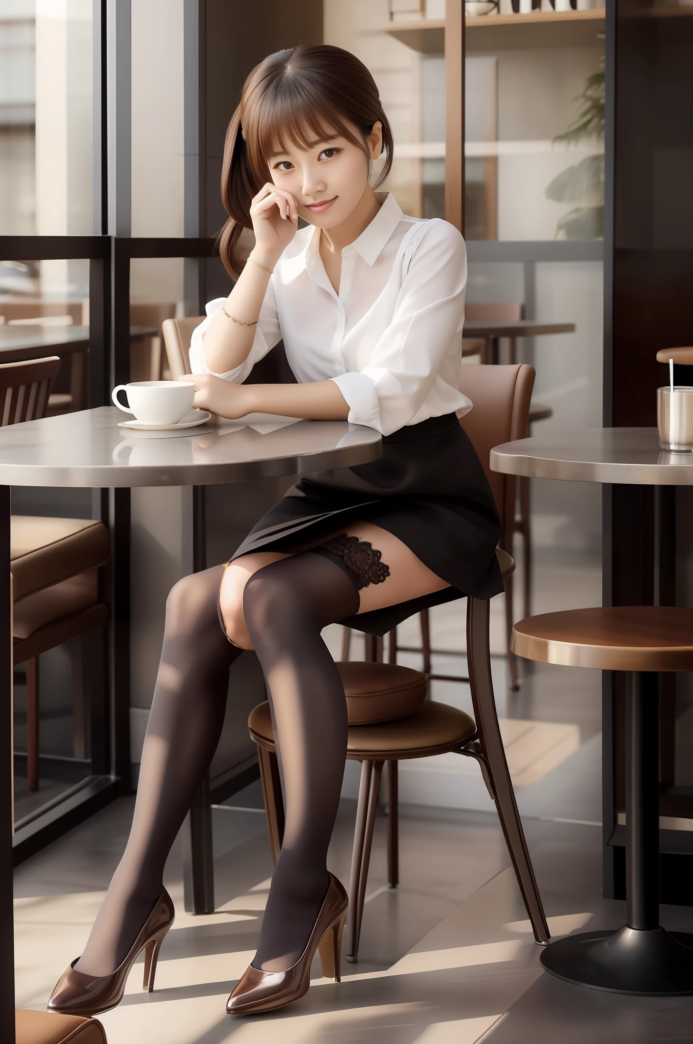 Woman sitting at table with coffee in hand, thighhighs and skirt, sitting on a mocha-colored table, Cute elegant pose, mysterious coffee shop girl, sitting in a cafe, Cute Woman, Casual pose, Engaging pose, elegant japanese woman, korean female fashion model, sitting in a cafe alone, in coffee shop