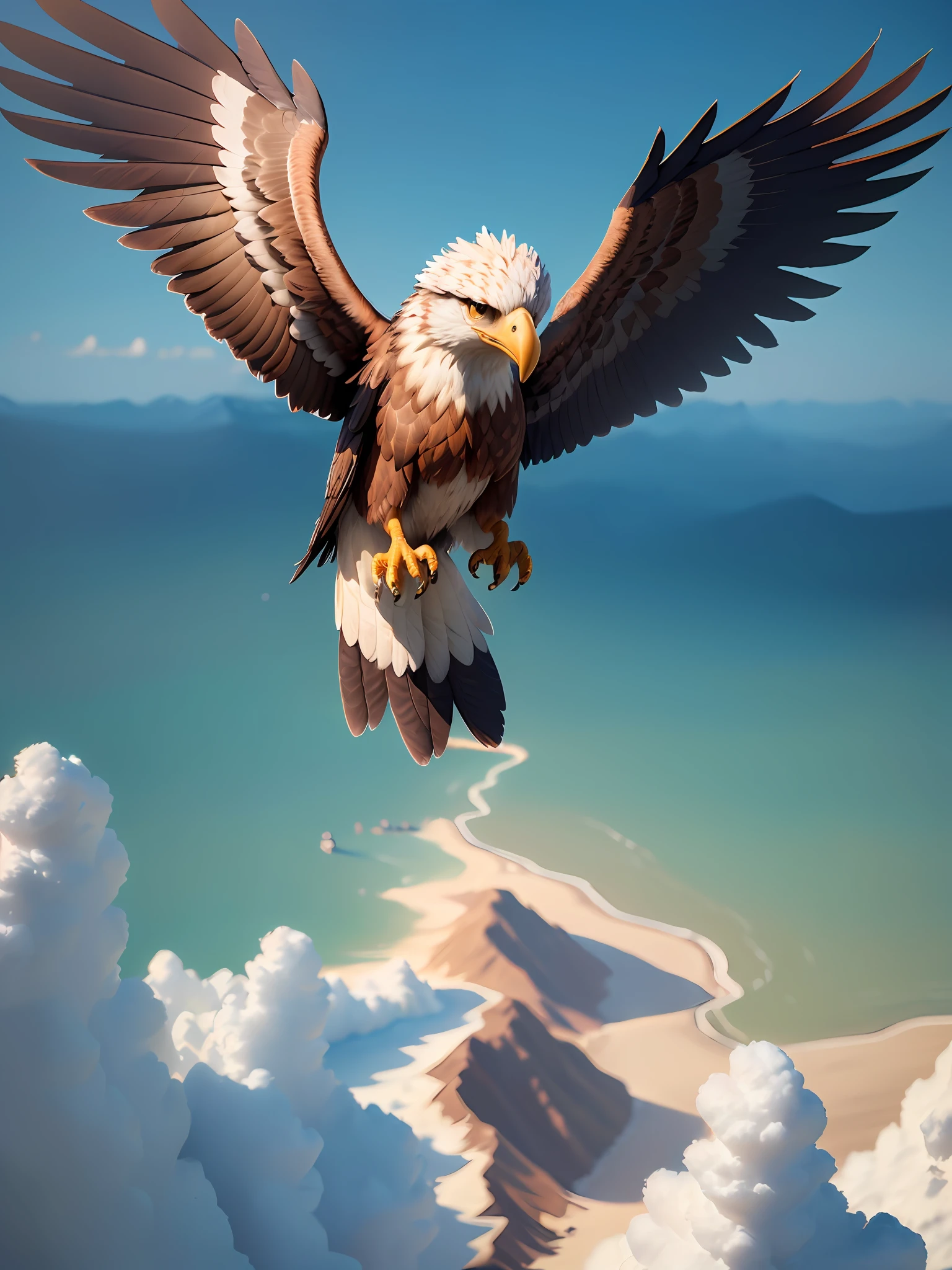 ((Top Quality, 8k, Masterpiece: 1.3)), cute american eagle, fantastic, 3d, pixar, illustration, ((agressive)), (camera slightly from above), (Camera from 3/4), dark brown and black, ((Flying)), ((snowy mountains)), ((waterfall)), clouds, ((swooping))