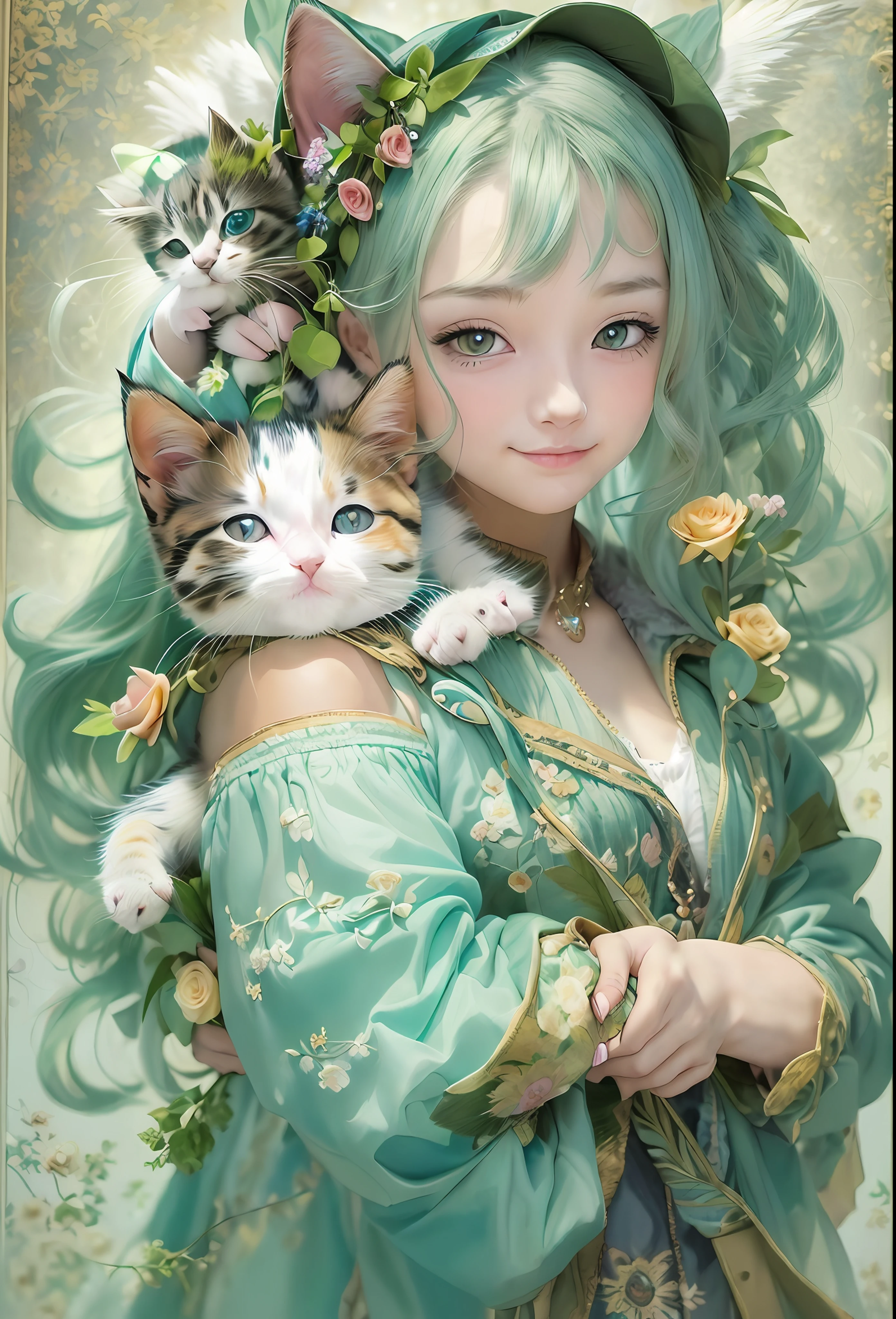 (A kitten、😇、A smile、😌🥰Archaic Smile).hyper realstic、Ultra-realistic、Depiction of the human body without distortion、Monna Lisa、Woman in Arms、Near and far law、Three-dimensional、Contemporary painting、moderno、world masterpiece、collection、Homage to the art or artist work of Picasso and Renoir, Not sentimental、Excellent portrayal、Gentle expression、More detailed character faces, Serious competition、Compositions like paintings、(Konmutsuki_Gacha_Series 1, punk_rosette), Realistic、Delicate brushwork、aqua color flowers, (Full body, elegant flowers background)