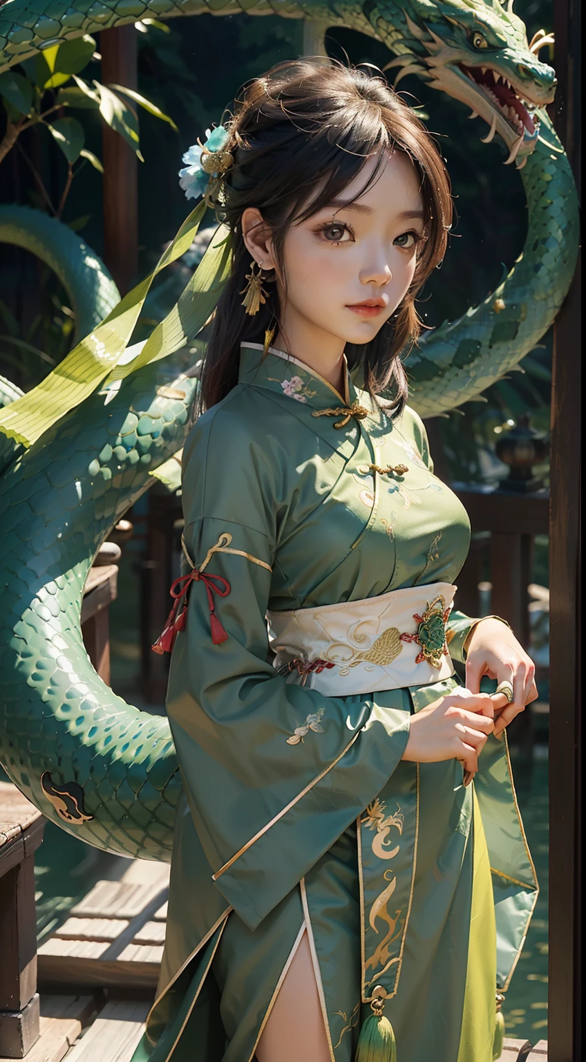 hyper qualit，tmasterpiece，Perfect illustration，Extreme detail，China Hua，Magnificent scene 1.4 pcs，The subject：Dragon Boat Festival Blue Dragon Girl Picture
hue：The main color is light blue，Comes with fresh greens and bright yellows，Creates lightness、Bright atmosphere。
Picture composition：With the green snake as the main body，On the green dragon sat a girl，The girl is dressed in a cyan Chinese dress，Sweet zongzi in hand，The expression is cheerful，looking at the distance。The green snake meanders，The snake head and tail part protrude，Highlight the traditional Chinese snake culture。Around the green snake and the maiden，Traditional calamus can be added、Wormwood、realgar、Sachets and other elements，Highlight the history and culture of the Dragon Boat Festival。
Pay special attention：In order to highlight the traditional culture of the Dragon Boat Festival，The girl in the picture should be dressed in traditional Hanfu，At the same time, the performance of the green snake does not have to be too realistic，It is possible to add the characteristics of Chinese painting，Such as ink、lineworks、Ink rendering, etc，Create a traditional Chinese style。
Picture atmosphere：The whole picture should create jubilation、boisterous、Festive atmosphere，Show the traditional culture of the Dragon Boat Festival，At the same time, create lightness、brightly、fresh feeling，Let people feel the joy and enjoyment of the festival。
Other elements：It is also possible to add the performance of the green dragon to the river、Traditional elements such as dragon boats，Highlight the dragon boat racing style of the Dragon Boat Festival。ao mesmo tempo