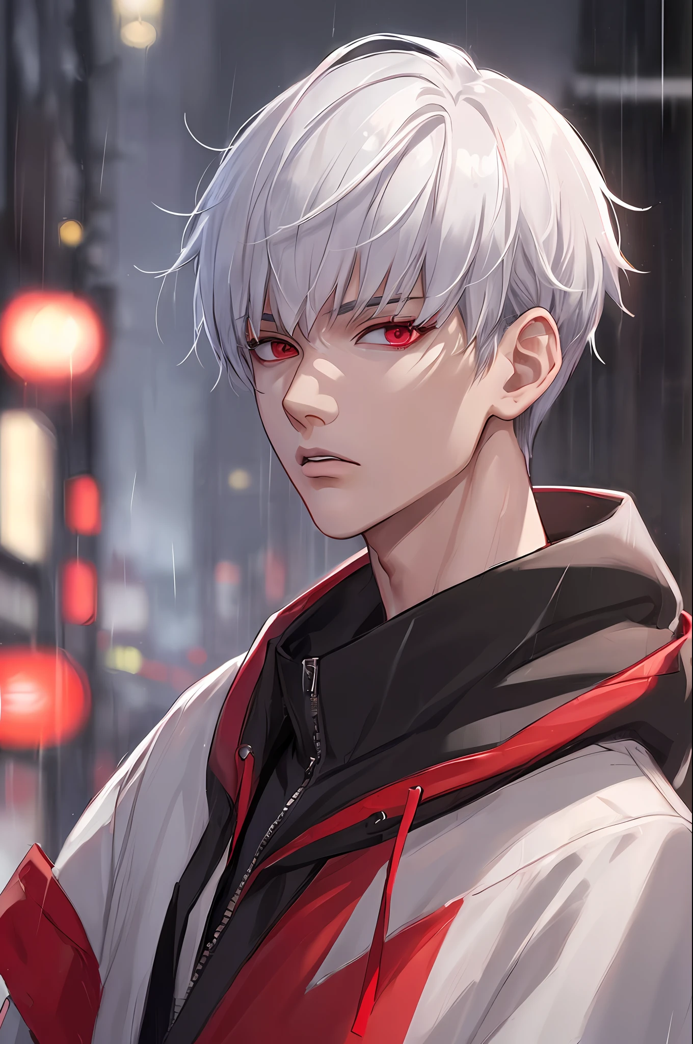 kk, best quality, more details, masterpiece, 1boy, kaneki ken, portrait, male focus, red eyes, solo, bangs, looking at viewer, hood, short hair, rain, tokyo tokyo \(city\), hood up, nail polish, white hair, luxurious, 8k, detailed, ray tracing, depth of field, cinematic lighting,