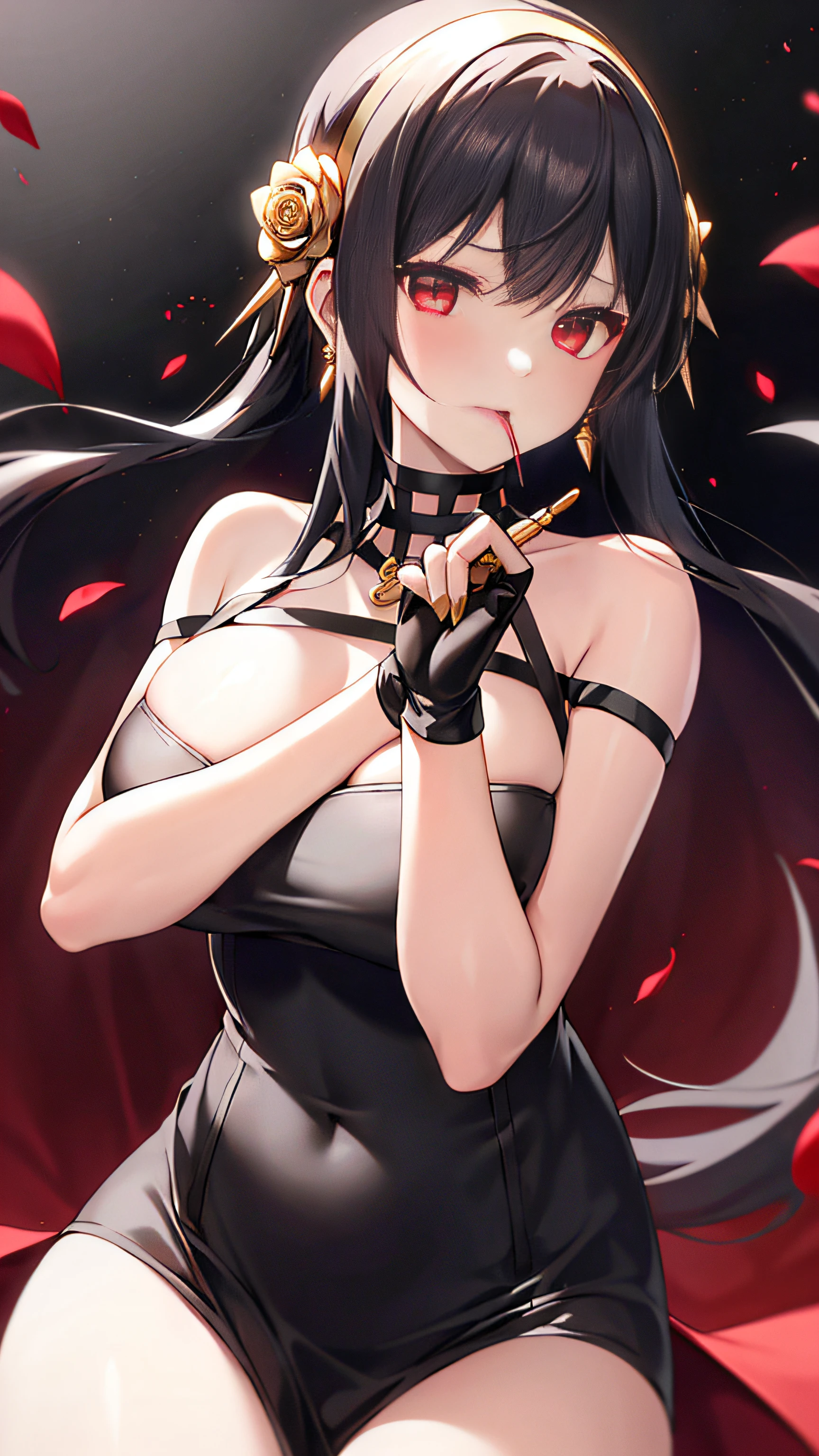 Yorbrier、
Super beautiful big shining eyes、1girl, in backlight, bare shoulders, black backgrounds, Black dress, black gloves, Dark hair, bloods, Blood on the face, Blood in weapons, breastsout, Mouth closed, cowboy shot, doress, 耳环, deadpan, fingerless gloves, floting hair, with floral pattern, with floral pattern, florals, gloves, Gold earrings, Gold Hair Band, flower in hair, hair adornments, shairband, ngel, holding weapon, jewely, large full breasts, light particules, length hair, looking at the viewers, Off shoulder dress、off shoulders、flower petals、red eyes、roses、rose petals、Rose print、short hair with long locks、side locks、独奏、spikes、thighs thighs thighs thighs、two-sided dress、two-sided fabric、arma
、((masterpiece))