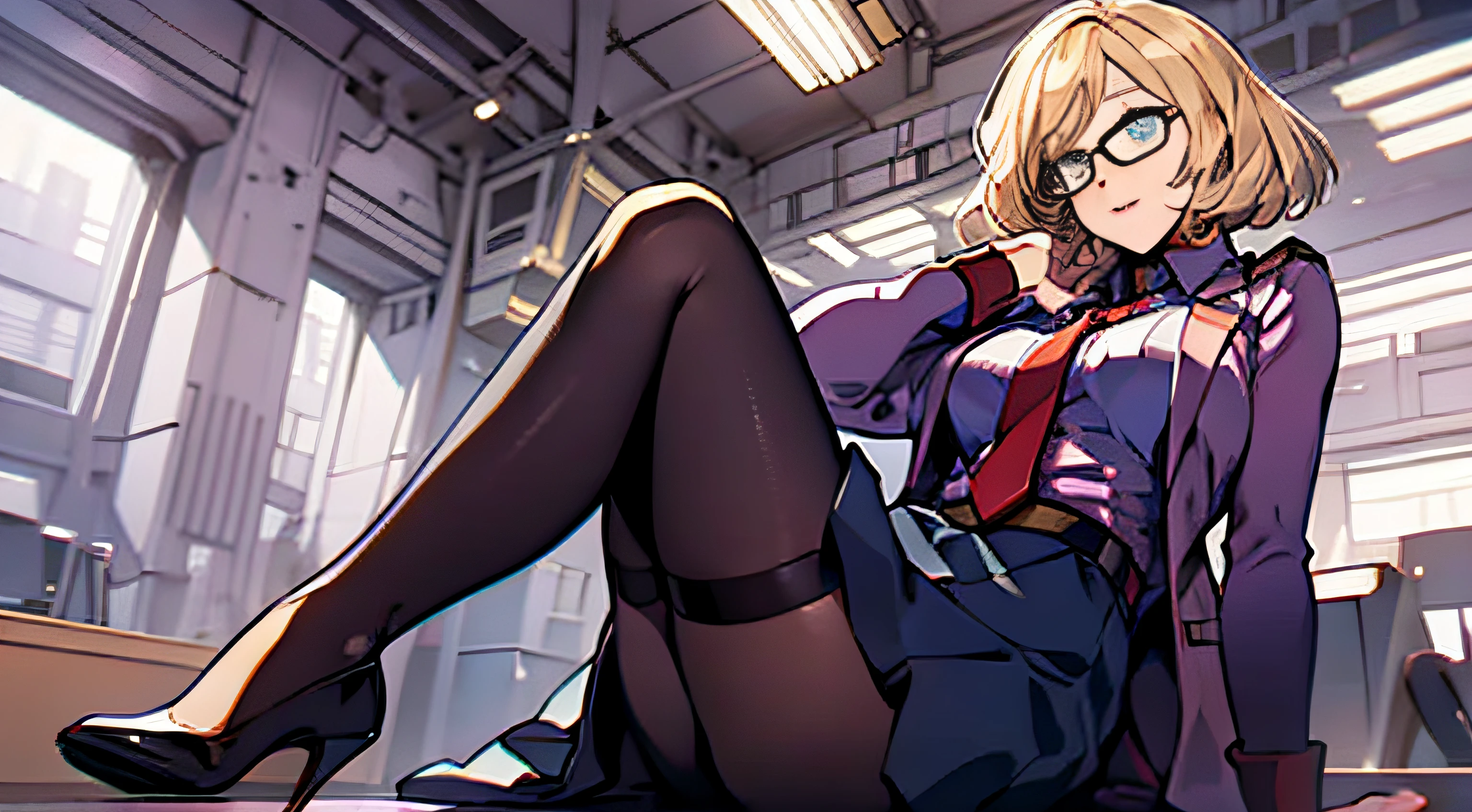 tmasterpiece, Best quality at best, Rich in detail ,video game genshin impact, Genshin Impact style,1girll,(allure),(grown woman),30 age old, Smoky,Lawyer,Pink shirt,In black suit,a yellow tie,bag skirt,Gold-rimmed glasses,(black lence stockings),red high heel pumps,sit on chair,nerds,halter,full bodyesbian,in a office,(((the complex background))),solo person