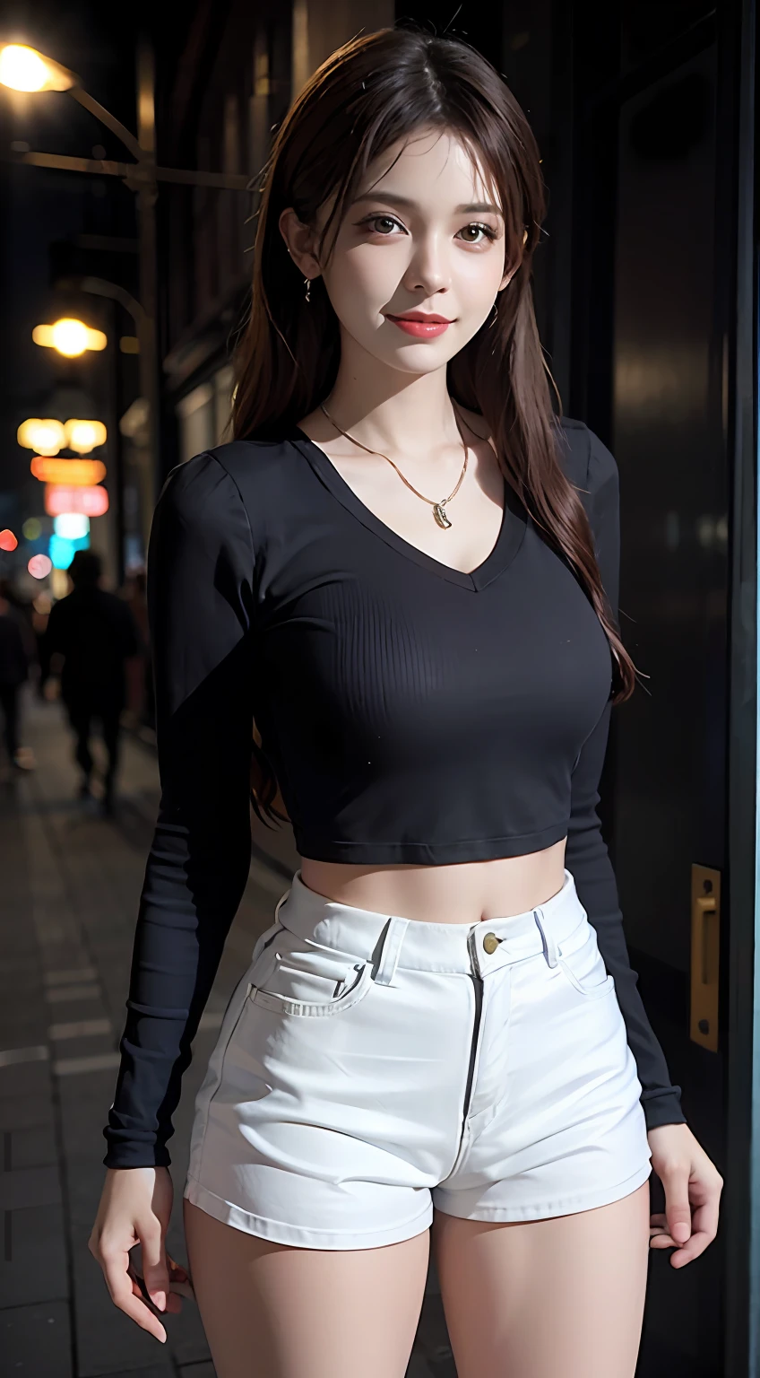 Urban beautiful girl college student, masterpiece, light makeup, red lips, silver hair, messy long hair, street background, beautiful, elegant. Ultra-fine details, master works, real texture, cinematic lighting realism, perfect work, 8k, HD, exquisite facial features, white tight open-cut top, transparent white tight shorts, slim figure, bright big eyes, smooth skin, earrings, necklace, big breats, (smile),