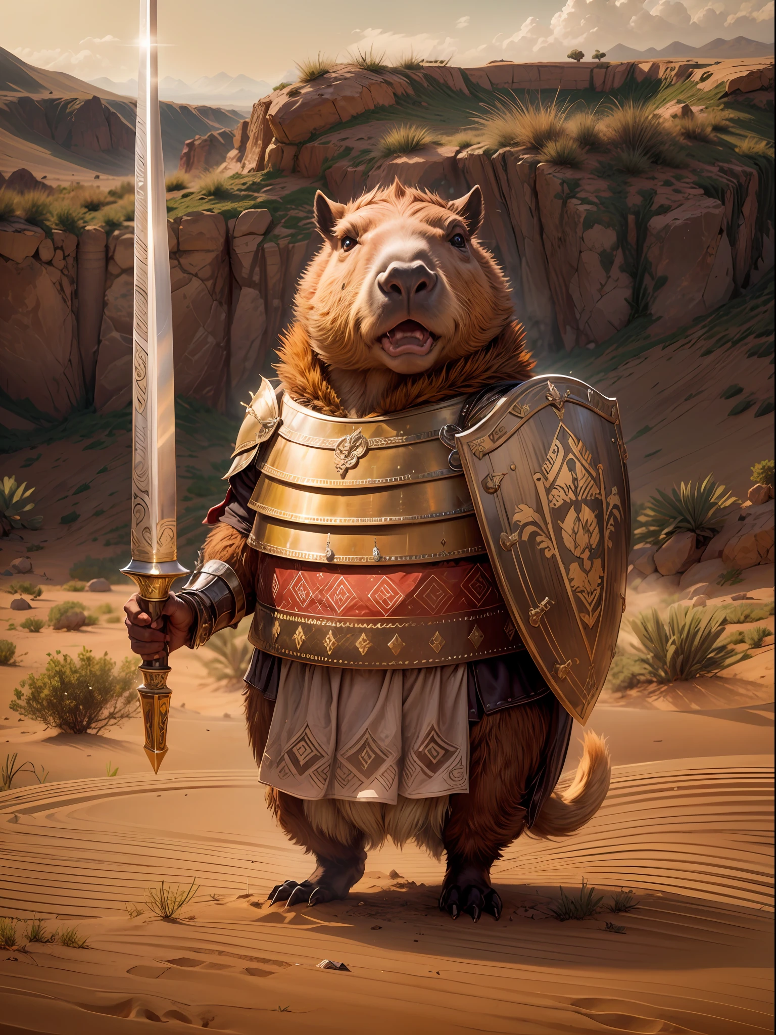 Capybara warrior wearing ancient Roman armor, holding a petite rapier and shield, with sleek brown fur, piercing eyes, standing majestically in a vast desert landscape.