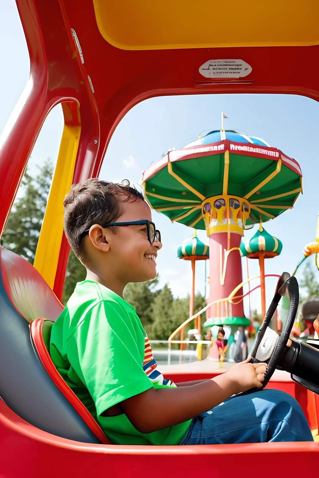 guttonervision8, Step into a captivating promotional portrait of a 3--old  wearing glasses, clad in cheerful and comfortable children's attire, experiencing the wonders of an amusement park. The scene beautifully captures the true essence of happiness, showcased by the boy's beaming face. This artwork emulates Taras Shevchenko's style, influenced by Yousuf Karsh's epic vision, and elevated with elegance from Wladyslaw Strzeminski and Paweł Kluza.