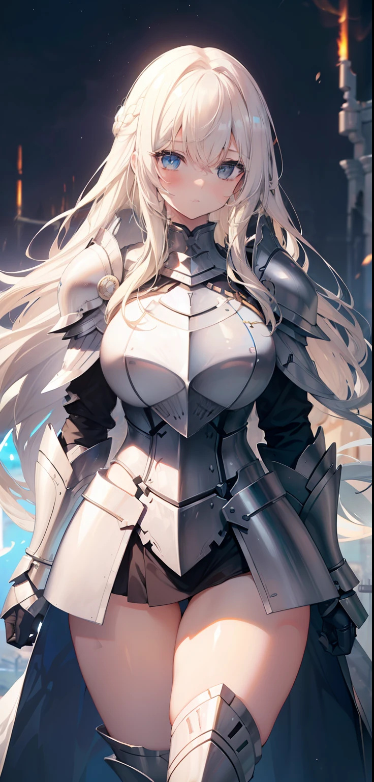 1 Girl, light blue eyes, big blonde hair, locks of hair, bangs, hair detail, strands of hair detail, (lights effect on hair), ((sexy white knight armor)), big chest, thick legs, thick thigh, backdrop, in the sky, surrounding fire, ambient detail, ultra-detailed