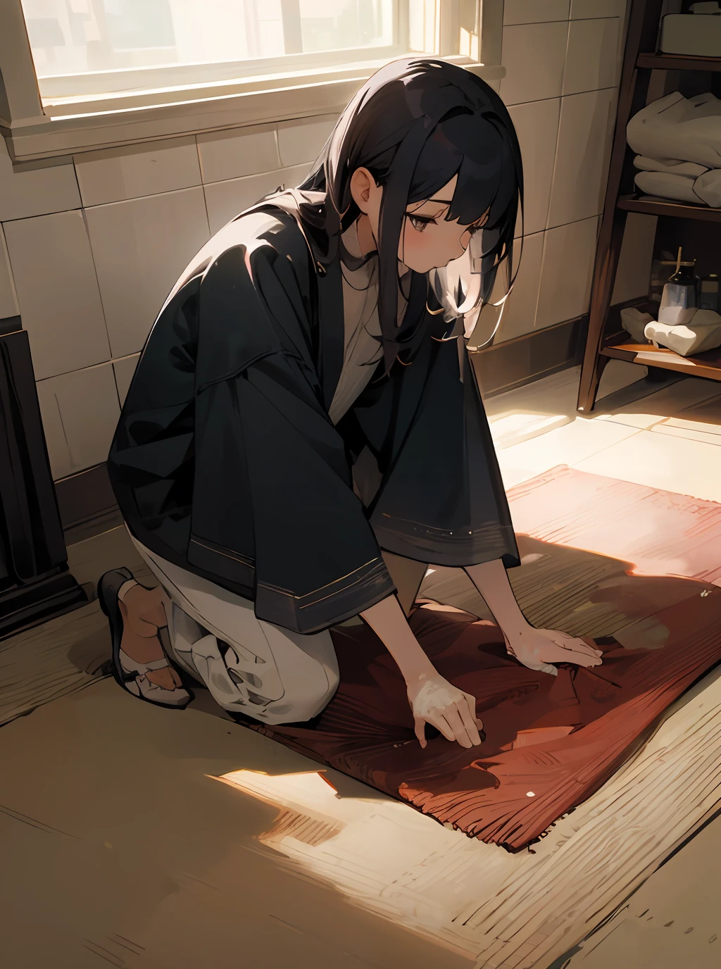 A woman washing the carpet