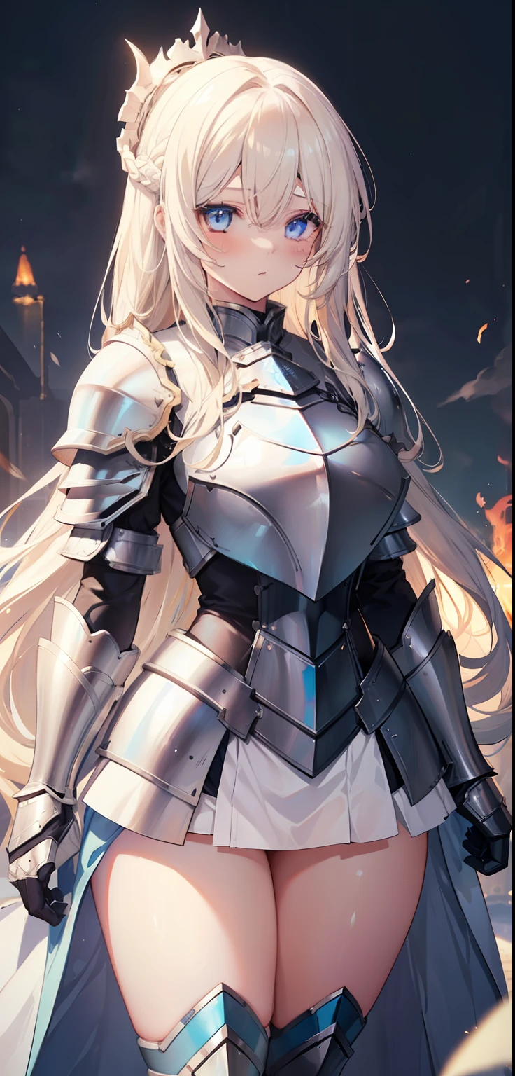 1 Girl, light blue eyes, big blonde hair, locks of hair, bangs, hair detail, strands of hair detail, (lights effect on hair), ((sexy white knight armor)), big chest, thick legs, thick thigh, backdrop, in the sky, surrounding fire, ambient detail, ultra-detailed