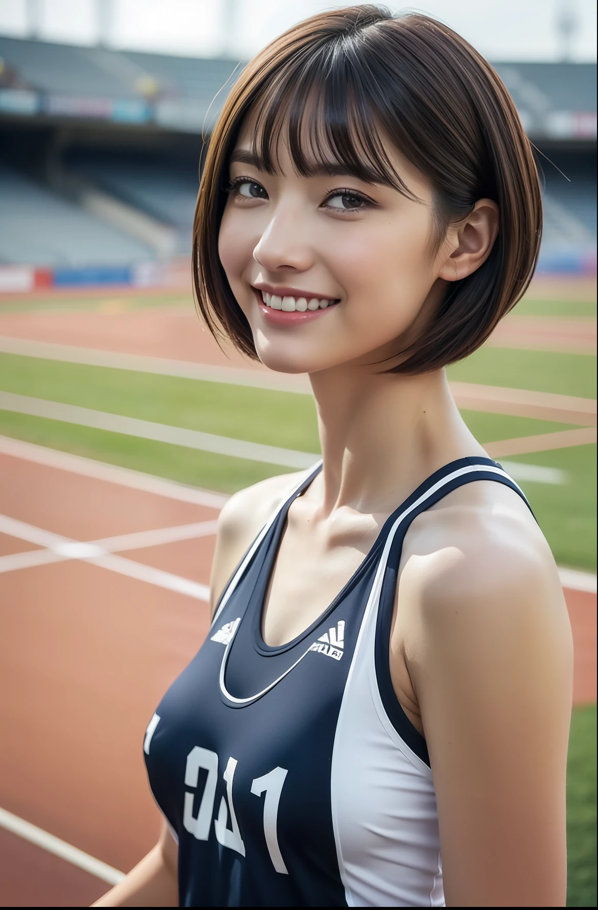 (((full bodyesbian)))、well-muscled、beauty legs、((Track & Field Athletes Women))、Women in Japan、((Short-cut hairstyles))、1 Beautiful Girl、(((1人)))、Competition uniforms、((stadium))、Transcendent cute、A slight smil、Beautiful breasts、full bodyesbian、athletic field、((Outstanding style))、((Healthy body))、 Photorealsitic、Beautiful detailed eyes、Hyper-Realism、highcontrast、Ultra HD、realistic skin textures、Top image quality、top-quality、超A high resolution、Fine details、Very meticulously