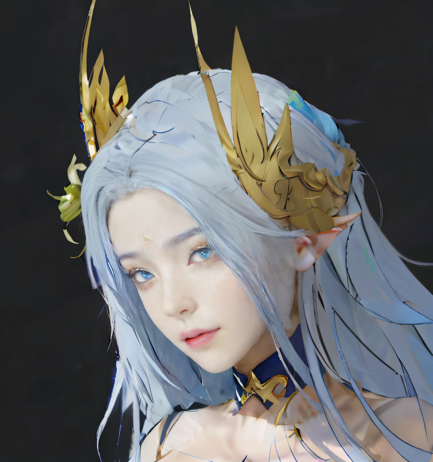 anime girl with blue hair and a crown on her head, portrait of an elf queen, close up character, she has elf ears and gold eyes, An elf queen, character close up, White-haired god, fairy queen, Close-up of people, line art in colour, hyper-detailed fantasy character, inspired by the senior character artist, discord pfp, character art closeup,Blue pupils,Exquisite facial features,