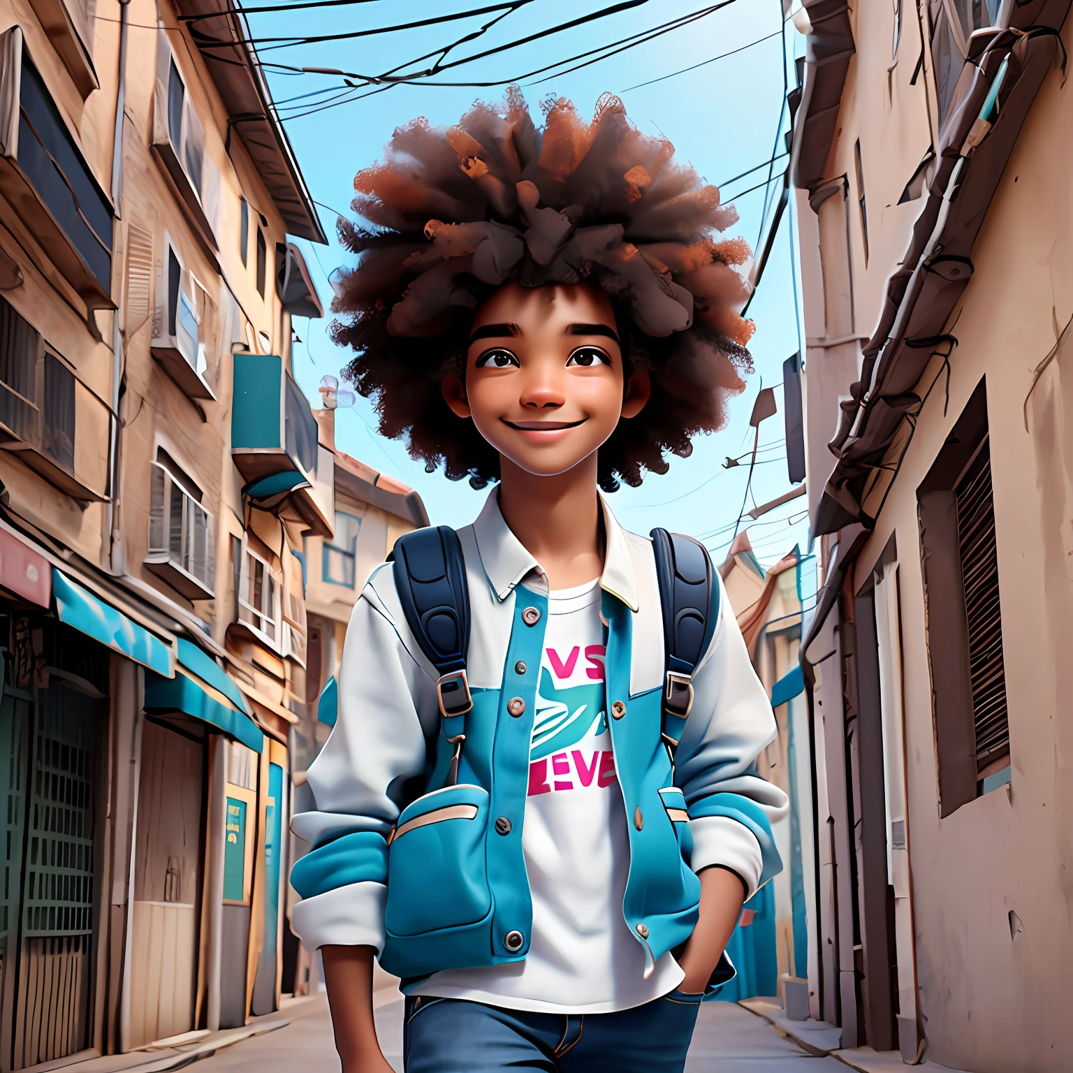 um menino jovem, Seu cabelo esta solto, afro, cabelo colorido, roupas leves, mochila, fone de ouvido, corpo inteiro, The background is filled with an urban tone, evoking a sense of lightness and happiness.