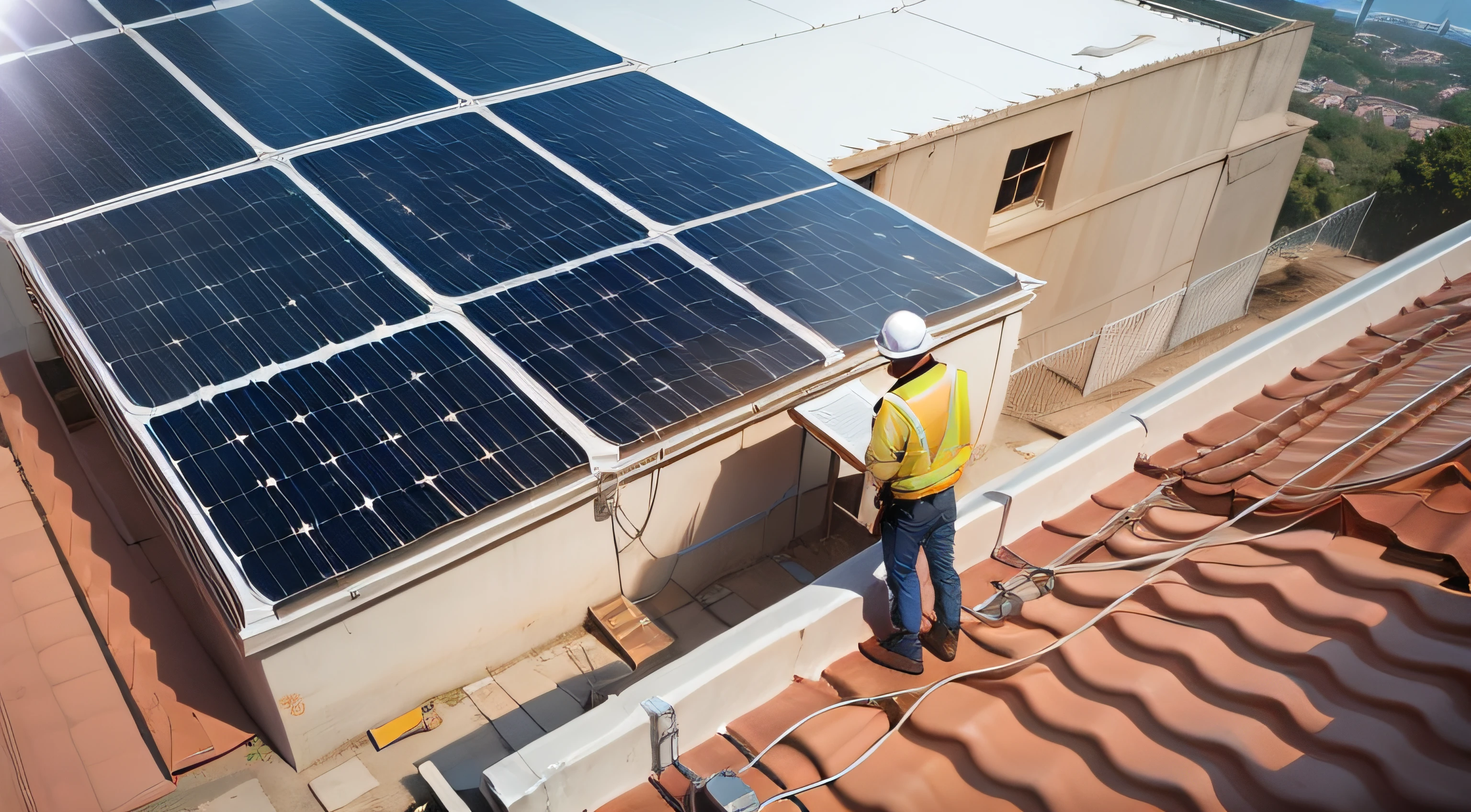 Engineers inspecting construction of solar panel at roof top