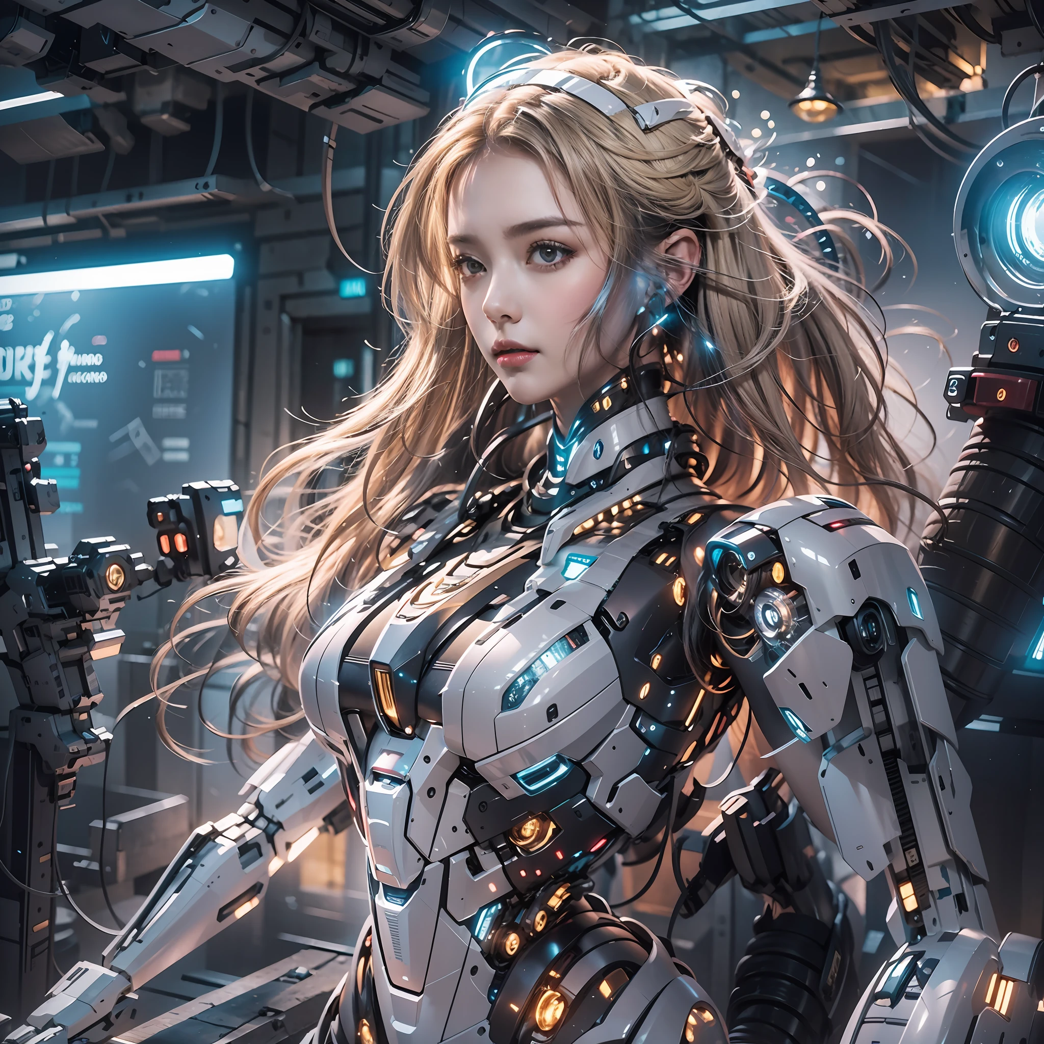 （（tmasterpiece，best qualtiy）），illustration，Ultra-detailed 8K，Clear focus，A highly detailed，Professional lighting，Colorful detailed，A girl and a mech，Beautuful Women，lottalewdsLargeMecha，cranny，with light glowing，with light glowing，Complicated details，（（1girl stands in front of the audience）），closeup cleavage，The upper part of the body