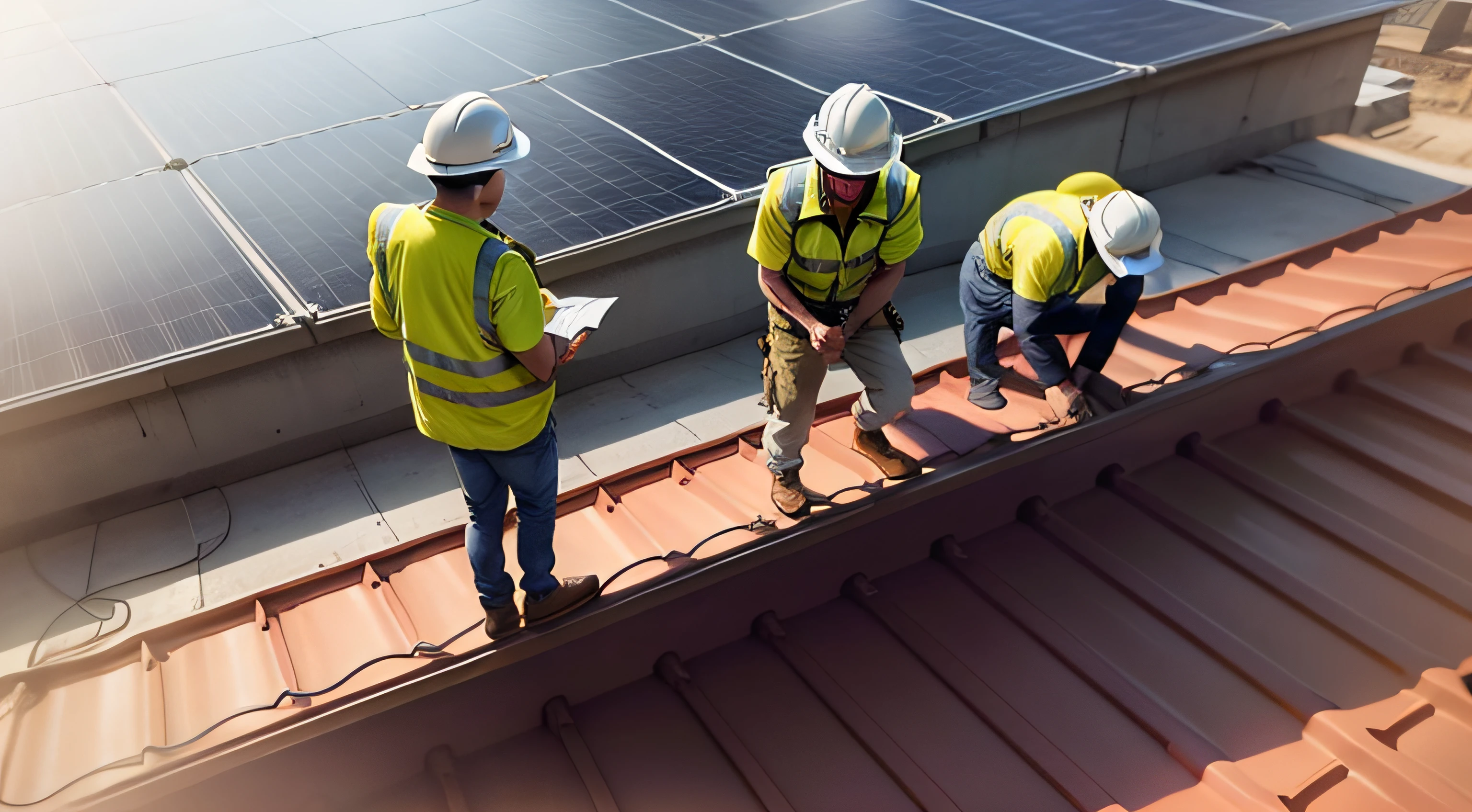 Engineers inspecting construction of solar panel at roof top