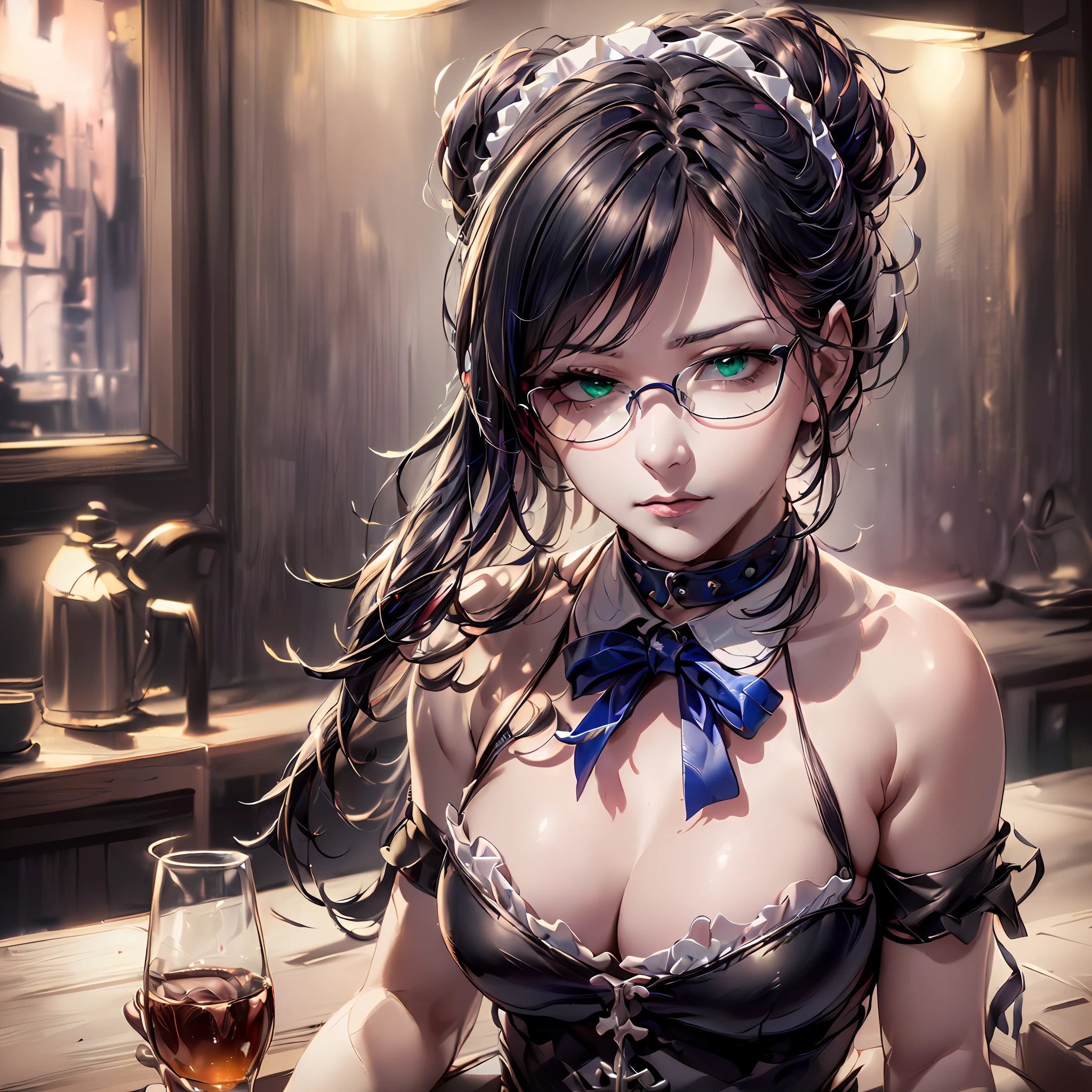 (64k, RAW photo, highres, best quality, masterpiece:2.0), (ultra-fine depiction of the detail:2.0), (realistic, beautiful, photo-realistic:1.3), 1girl, (yuri alpha), (long black hair, slightly messy), (slightly messy diagonal bangs:1.0), (single braid bun, double bun), (shiny black hair, blue-gray eyes), (cool glasses), (gothic style vivid blue choker), (blue bowtie and ribbon), (simple but high-quality maid dress), (elaborately designed, vivid dark emerald green, spiked gantlets), (solemn maid dress with gothic style coreset), (huge breasts, sexy cleavage), (elegant and handsome woman), (shiny skin, pink lips), (looking at the viewer), (closed mouth, a faint smile), (a caring, gentle gaze towards the viewer:1.2), (at a quiet bar counter, in the night, filled with solemn, mysterious atmosphere), (highly sophisticated professional HDR, with effective ambient occlusion, perfectly optimized effective spot light and front light:1.8), (perfect, natural, harmonious composition), (photo-realistic, ultra-detailed:1.5), ((portrait, cowboy shot:1.6))