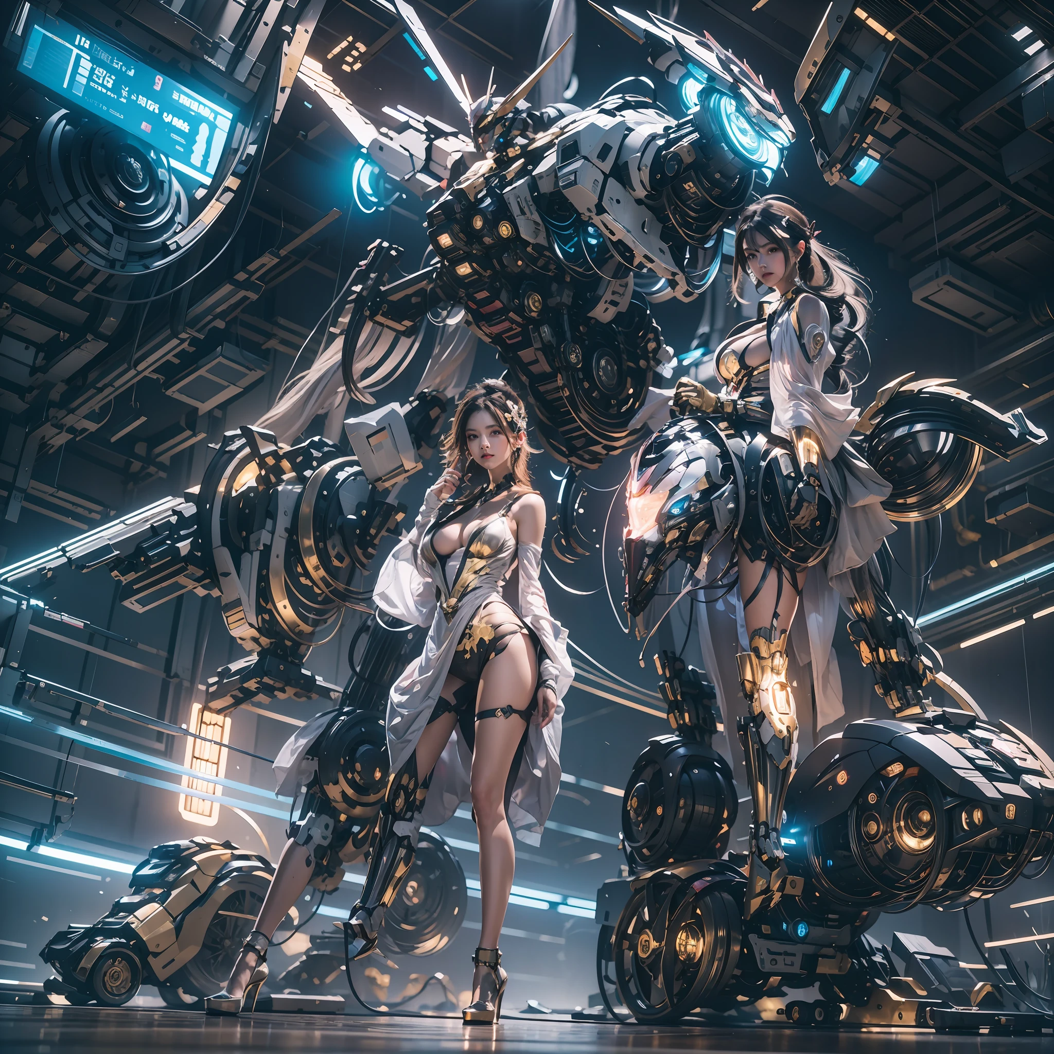 （（tmasterpiece，best qualtiy）），illustration，Ultra-detailed 8K，Clear focus，A highly detailed，Professional lighting，Colorful detailed，A girl and a mech，Beautuful Women，lottalewdsLargeMecha，cranny，with light glowing，with light glowing，Complicated details，（（1girl stands in front of the audience）），closeup cleavage，The upper part of the body