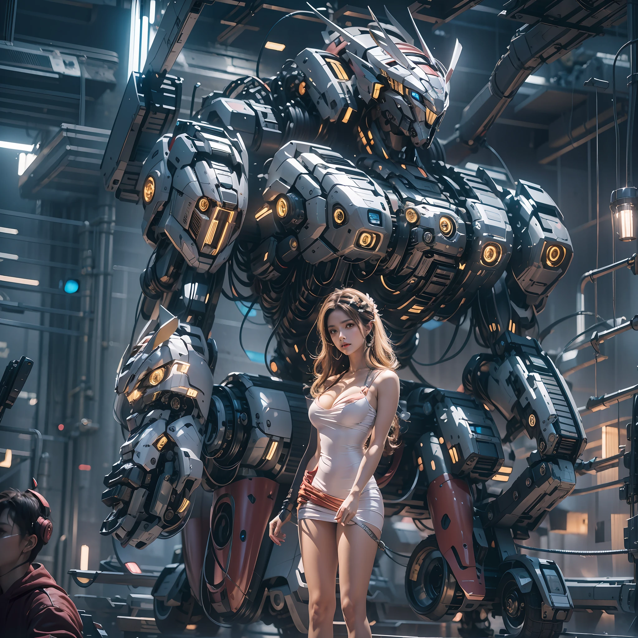 ((tmasterpiece,best qualtiy)),illustration,Ultra-detailed 8K,Clear focus,A highly detailed,Professional lighting,Colorful detailed,A girl and a mech,Beautuful Women,lottalewdsLargeMecha,cranny,with light glowing,with light glowing,Complicated details,((1girl stands in front of the audience)),closeup cleavage,The upper part of the body