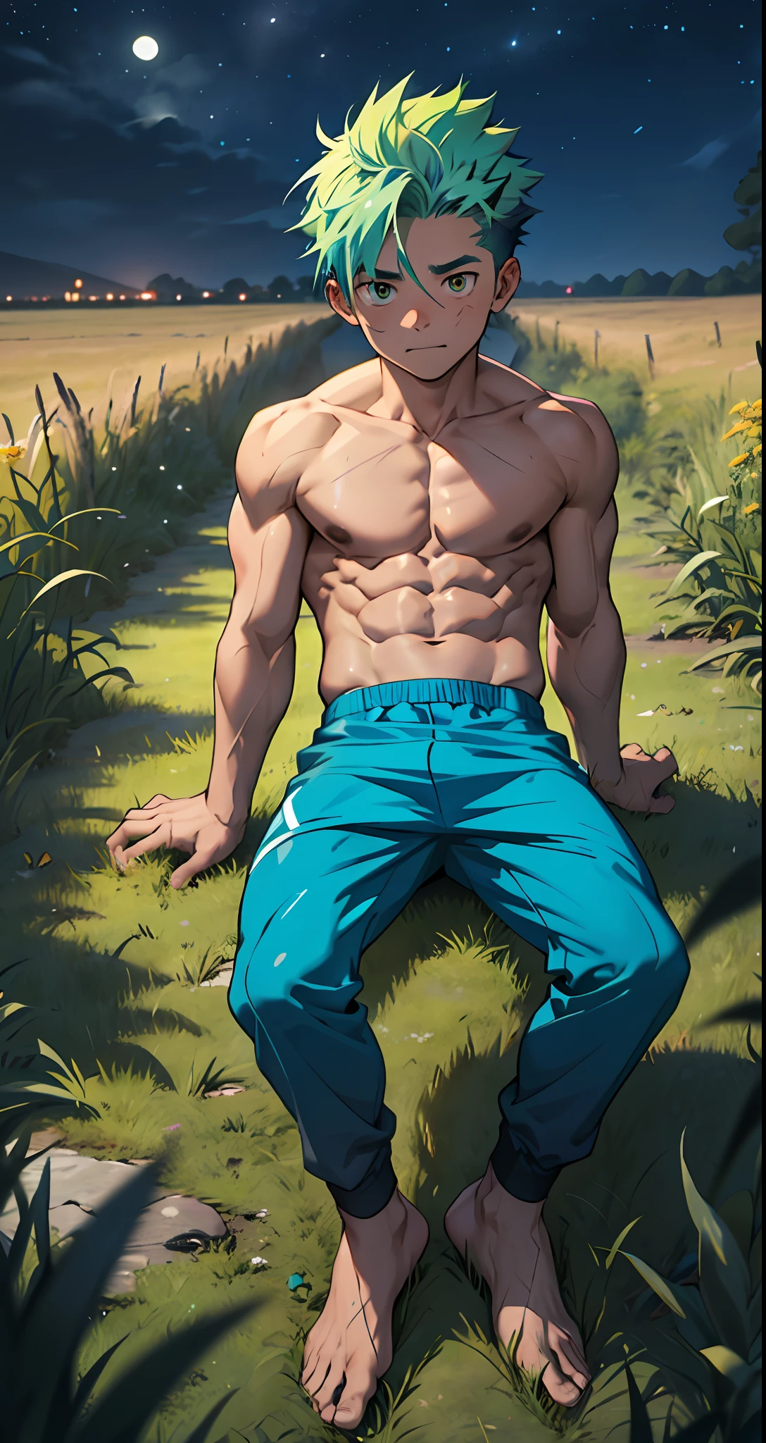One guy,(younge boy,???'s face,a baby face,infancy),nakeness,(Exposing the ),Round eyes,Pink-purple skin,(Smooth skin),Short round face,Flat chin,Fine face in detail,Teal briefs,Muscular and strong,Short yellow-green-powder-blue hair,(Gradient hair color),nakeness,Teal briefs,Pectoralis abdominal muscles,Bare pectoralis abs,the night,vivd colour,(depth of fields:1.2),Bird's eye view,spread their legs,On the grass,Full body appearance