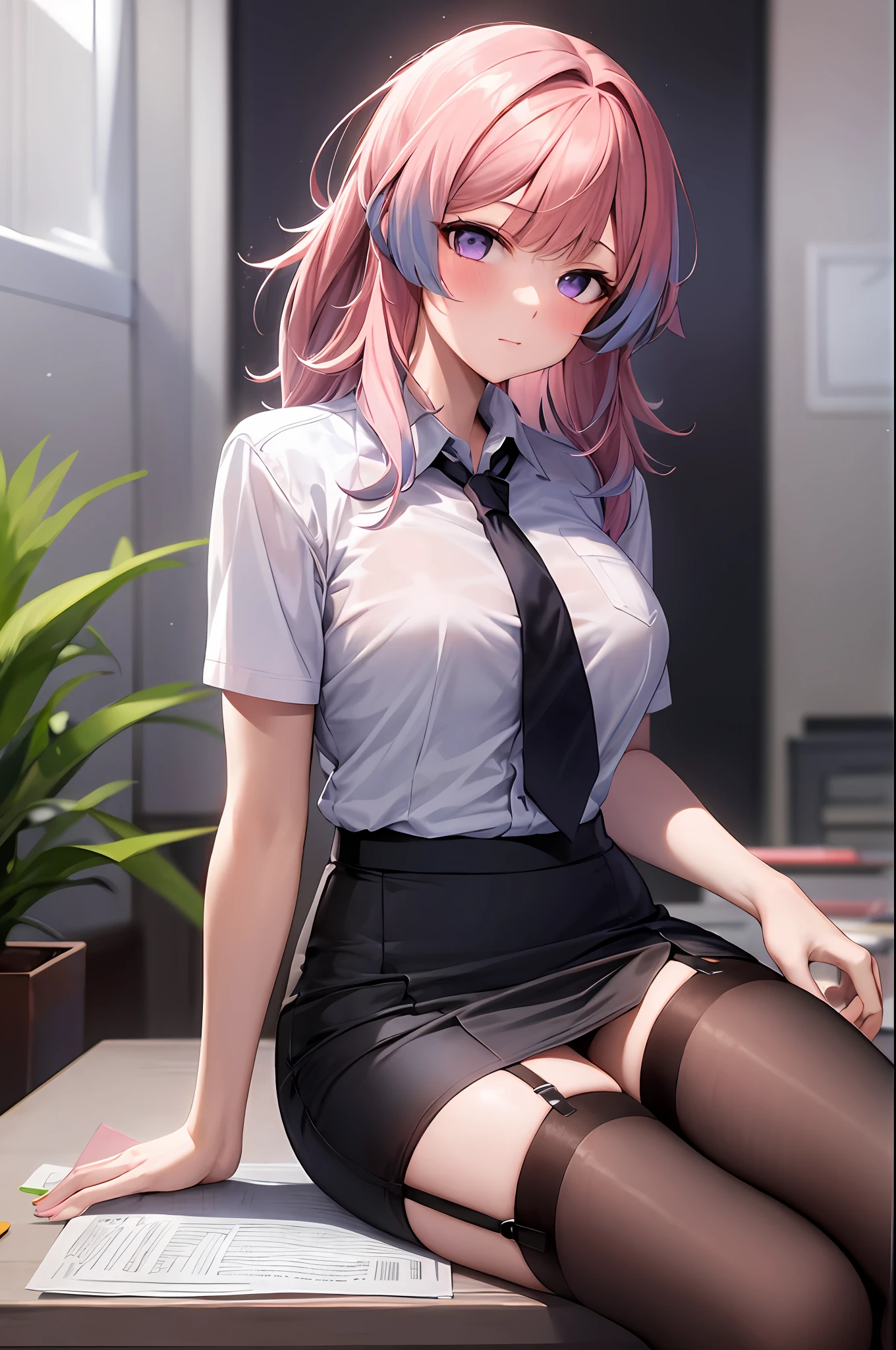 best quality, masterpiece), 1girl, pink hair, purple eyes,  garter straps, pencil skirt, office lady, black bra, necktie, collared shirt, leaning back