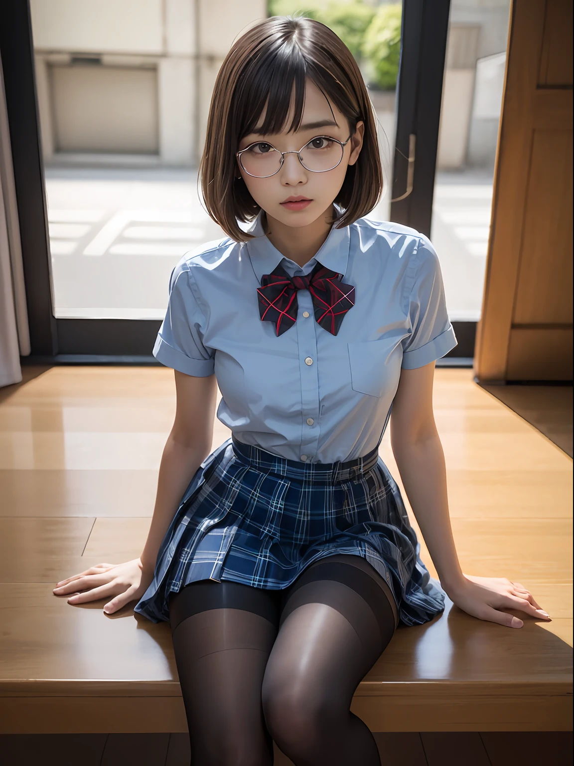 (8K、Raw photography、top-quality、masterpiece:1.2),Erotic,Pupils,Light Blue Bra,de pele branca,kne,(Black pantyhose),absurderes,a small face,small tits,flat breast,Parting the bangs from the middle、Forehead visible,(a cold expression<Tight eyes,glares,Bullish,skinny,Rasping,irate)、masterpiece,top-quality、超A high resolution,Raw photo,ren,Beautiful fece,One Person, 独奏,eye glass,,Dark look,Small breasts,fullllbody,Round glasses、cute little、JK school uniform,hi-school girl,A Japanese Lady,is standing,(Photorealsitic:1.37)、Photon mapping,Light blue ribbon,Realistic、Cute little face,Brown-eyed、Black socks、(Red bow tie)、Radio City、Physically Based Rendering、Foreground、depth of fields、Blurry background、a picture,The girls、Body,beauty legs, Long legs, Thin leg,Long bob cut,(Bangs are visible), hair, s lips, Blue_The eye, nosesoft,(Light blue shirt), (Navy and blue and white plaid pleated skirt), Knees are visible,Sheer clothing,, Thigh, Black cotton socks,Nogizaka Idol, 女優, Japanese ido