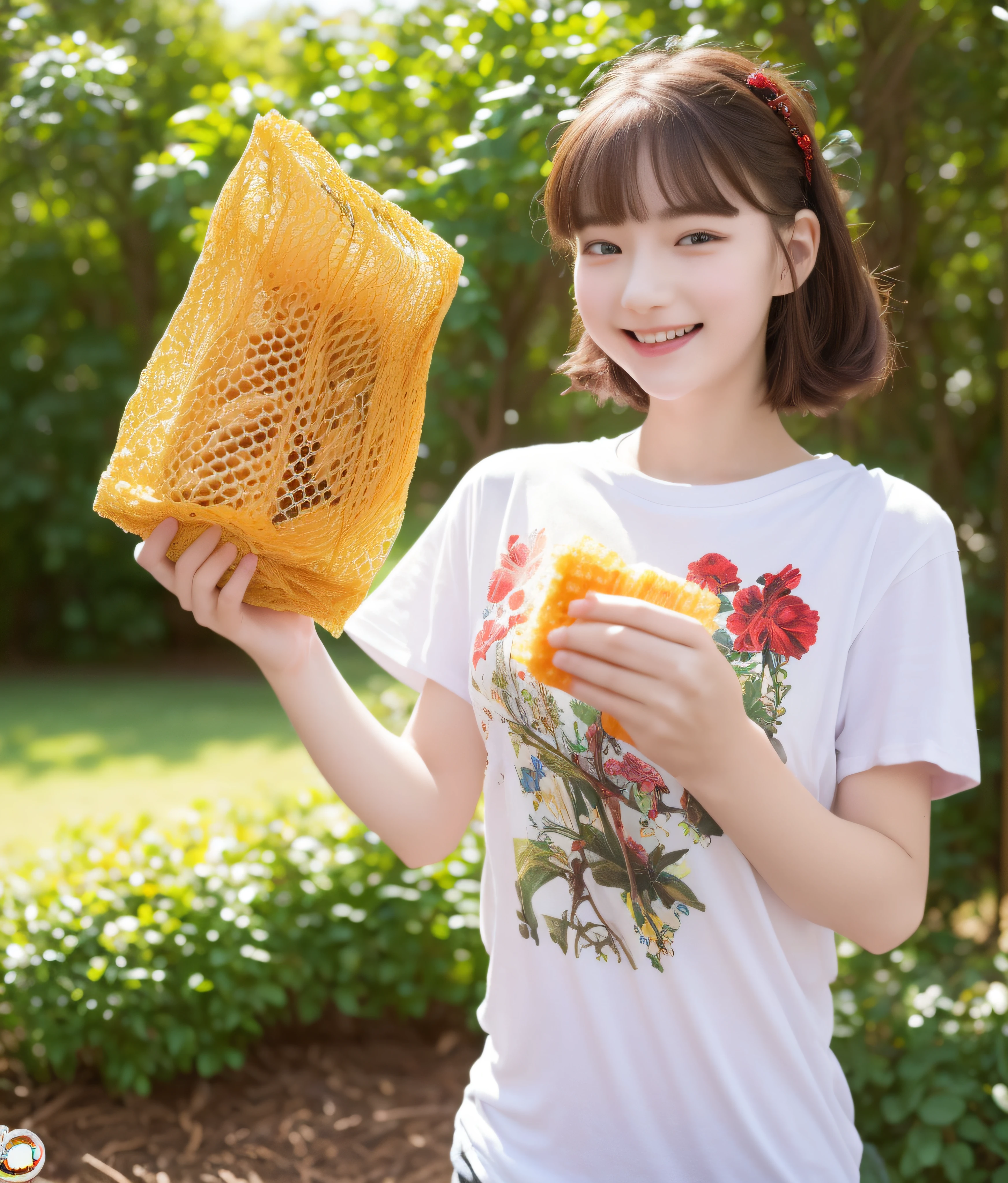 (Realistic:1.2), 18yo Girl, (((1 girl only))), garden park, (Happy expression, Standing: 1.2), hair ornaments, pale skin, looking at the viewer, small waist, medium breast size, (((use beautiful T-shirt)), (((handling the small croffle snack at a hand)))
